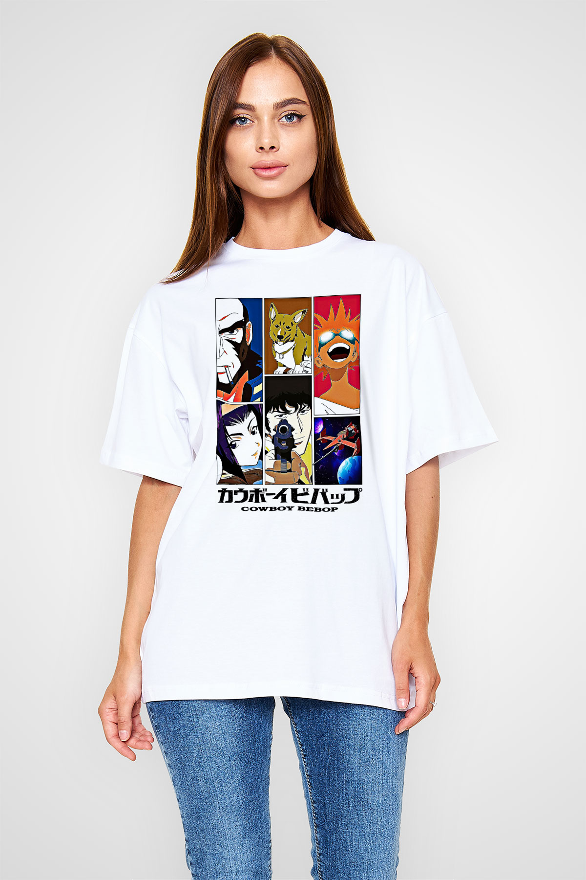 Cowboy Bebop Baskılı Beyaz Unisex Oversize Tişört - Tshirt