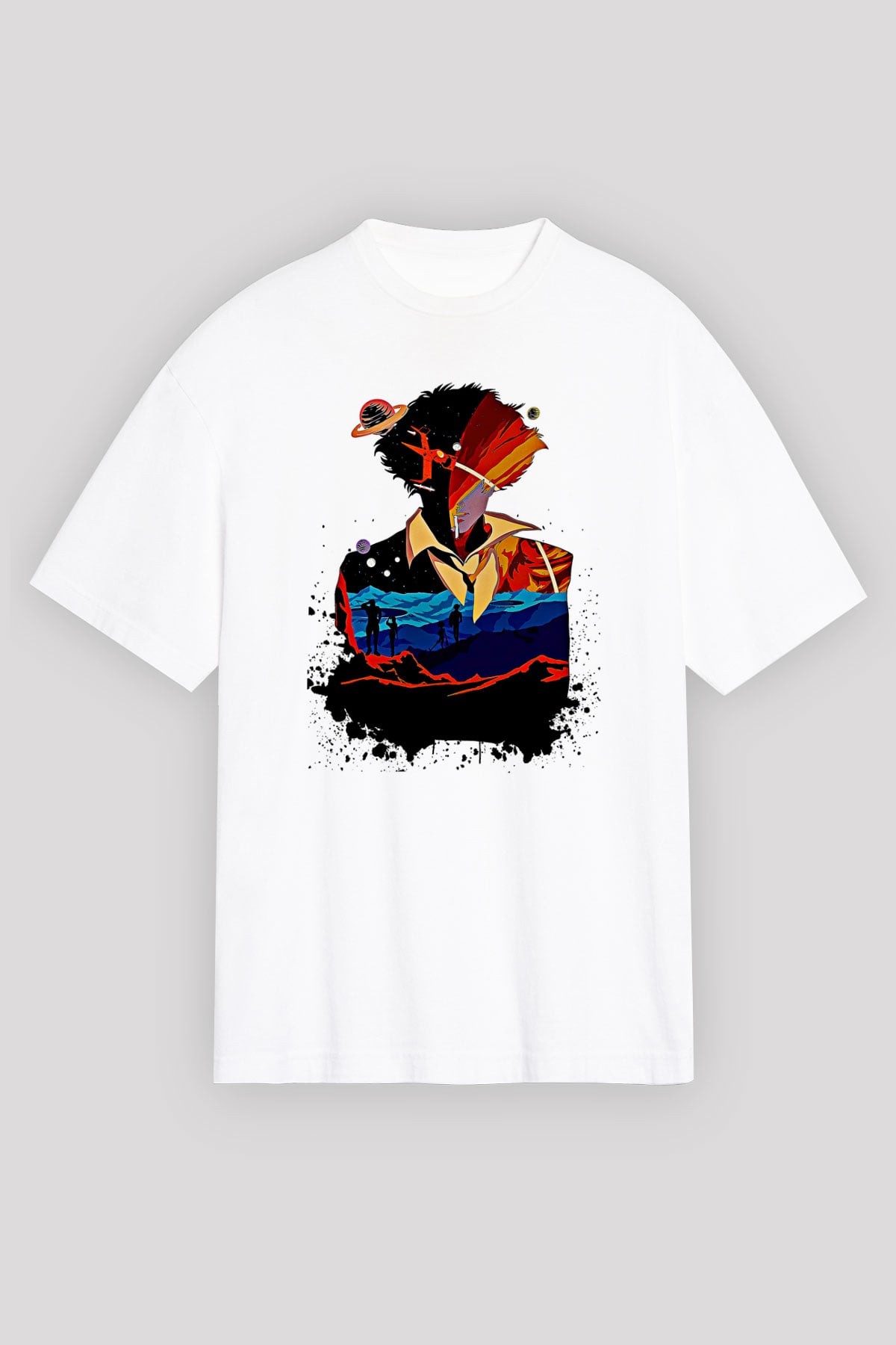 Cowboy Bebop Baskılı Beyaz Unisex Oversize Tişört - Tshirt