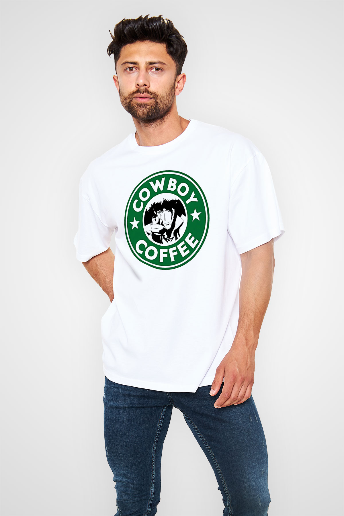 Cowboy Bebop Baskılı Beyaz Unisex Oversize Tişört - Tshirt