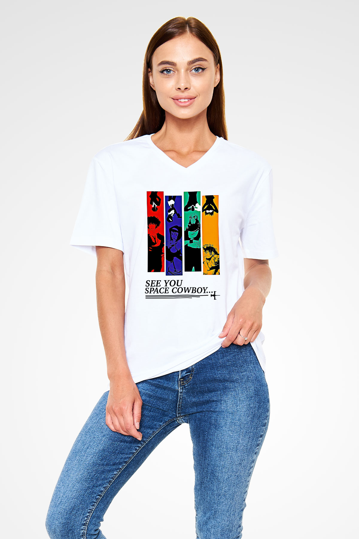 Cowboy Bebop Baskılı Beyaz Unisex V Yaka Tişört - Tshirt
