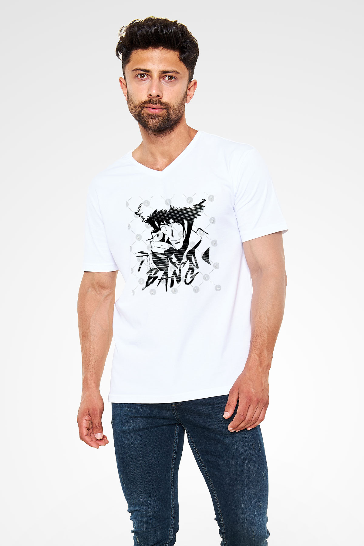 Cowboy Bebop Baskılı Beyaz Unisex V Yaka Tişört - Tshirt