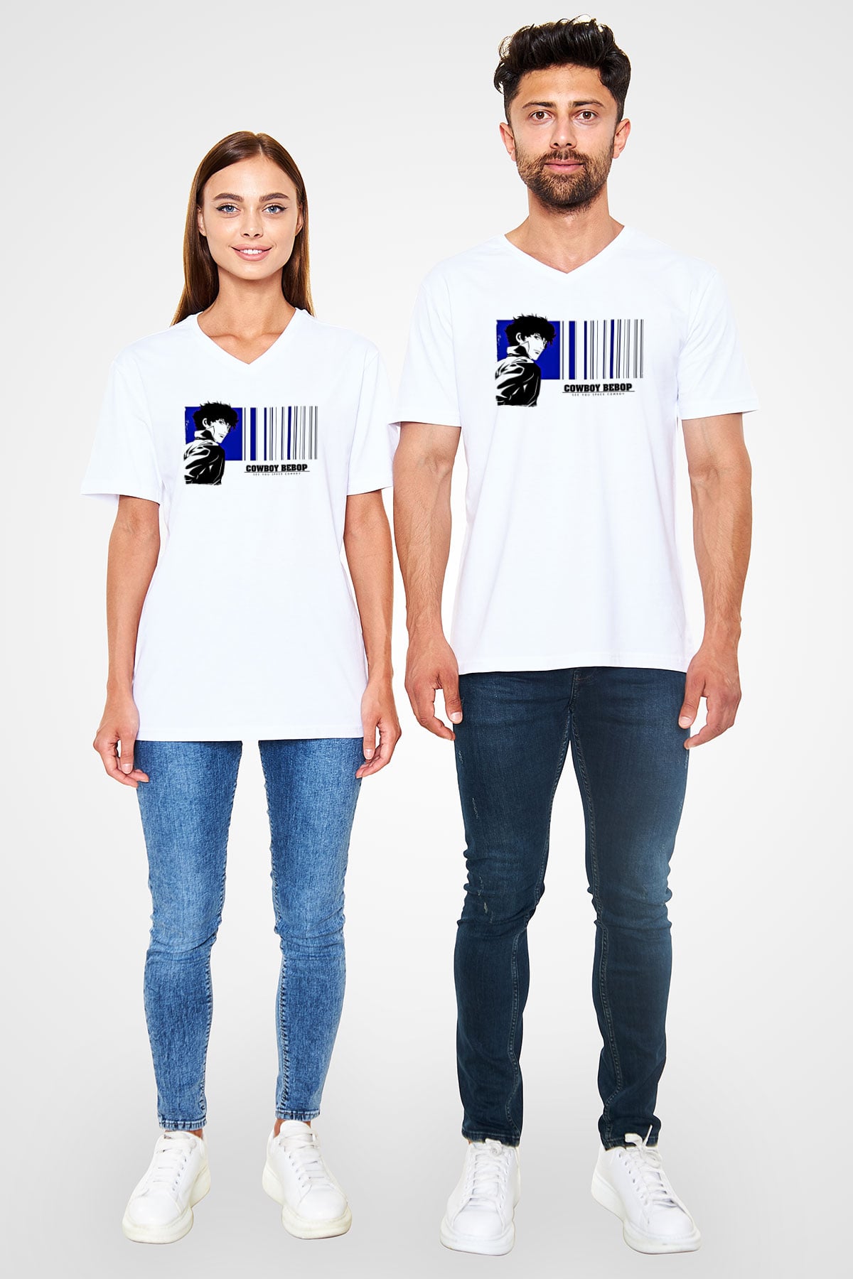 Cowboy Bebop Baskılı Beyaz Unisex V Yaka Tişört - Tshirt