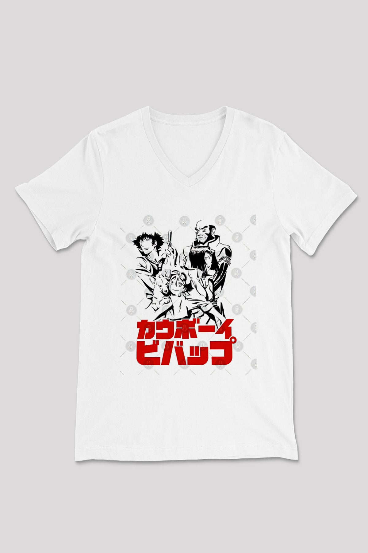 Cowboy Bebop Baskılı Beyaz Unisex V Yaka Tişört - Tshirt