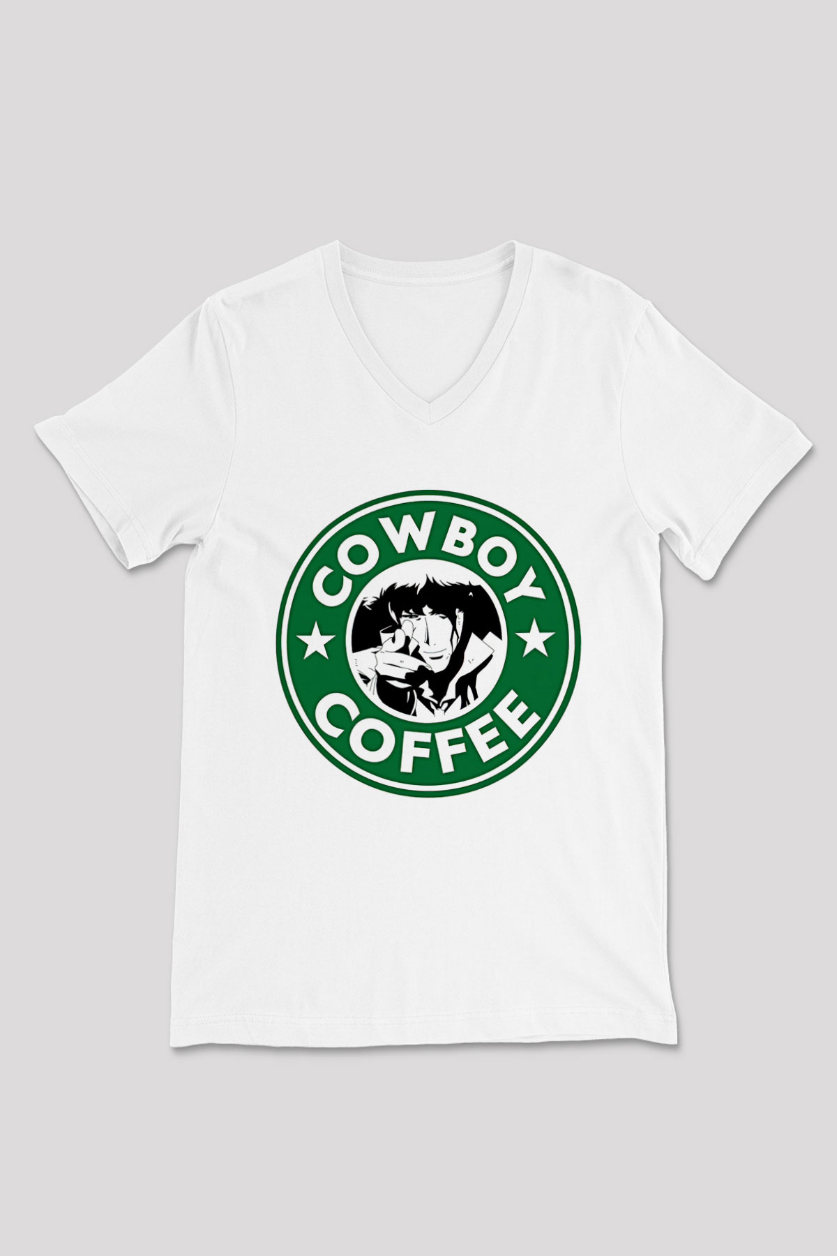 Cowboy Bebop Baskılı Beyaz Unisex V Yaka Tişört - Tshirt