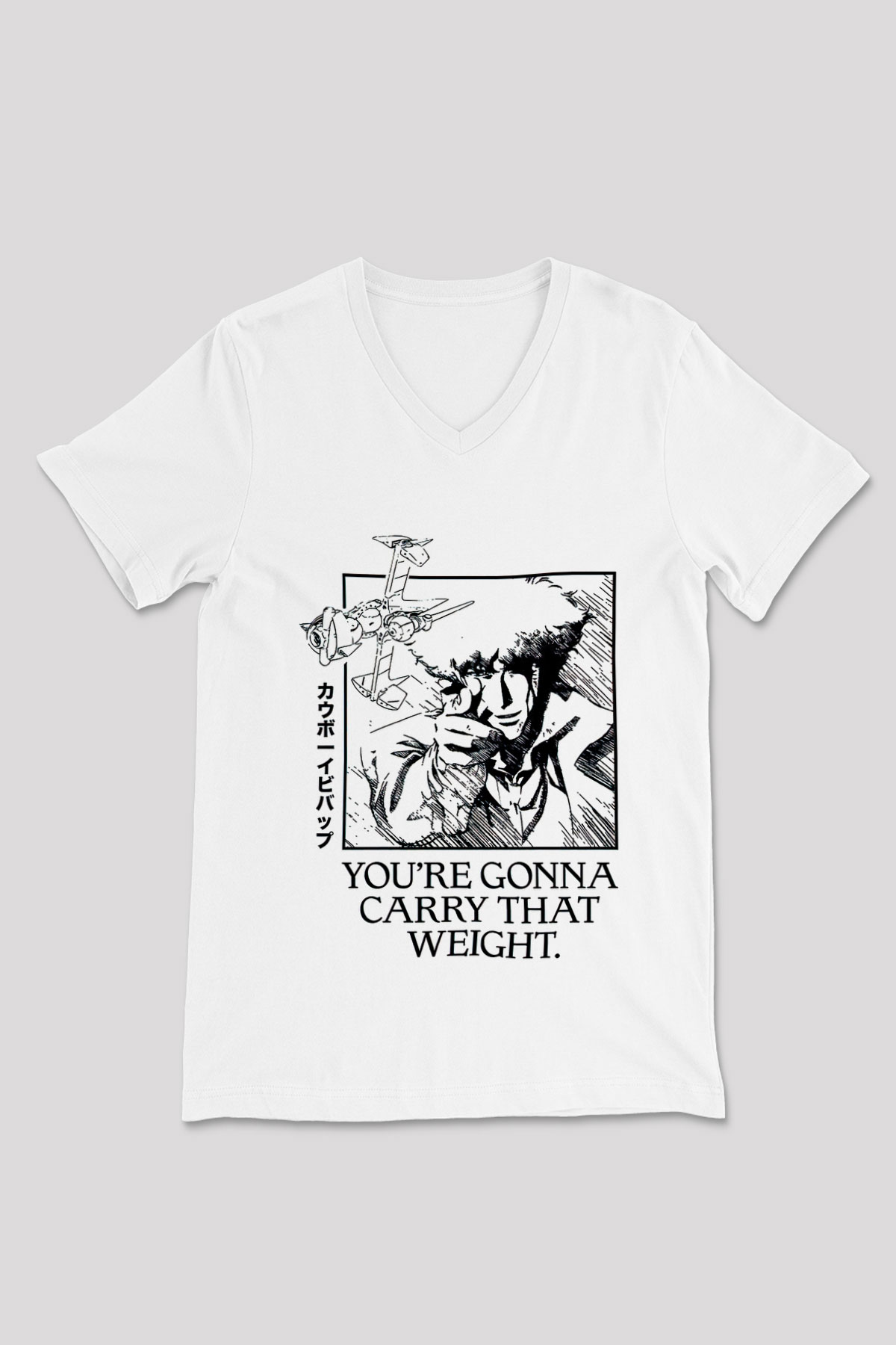 Cowboy Bebop Baskılı Beyaz Unisex V Yaka Tişört - Tshirt