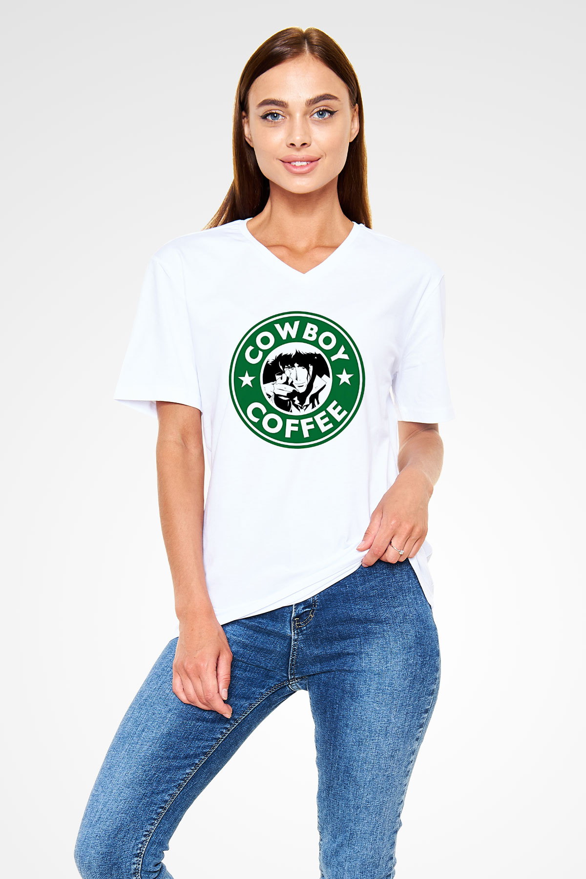 Cowboy Bebop Baskılı Beyaz Unisex V Yaka Tişört - Tshirt
