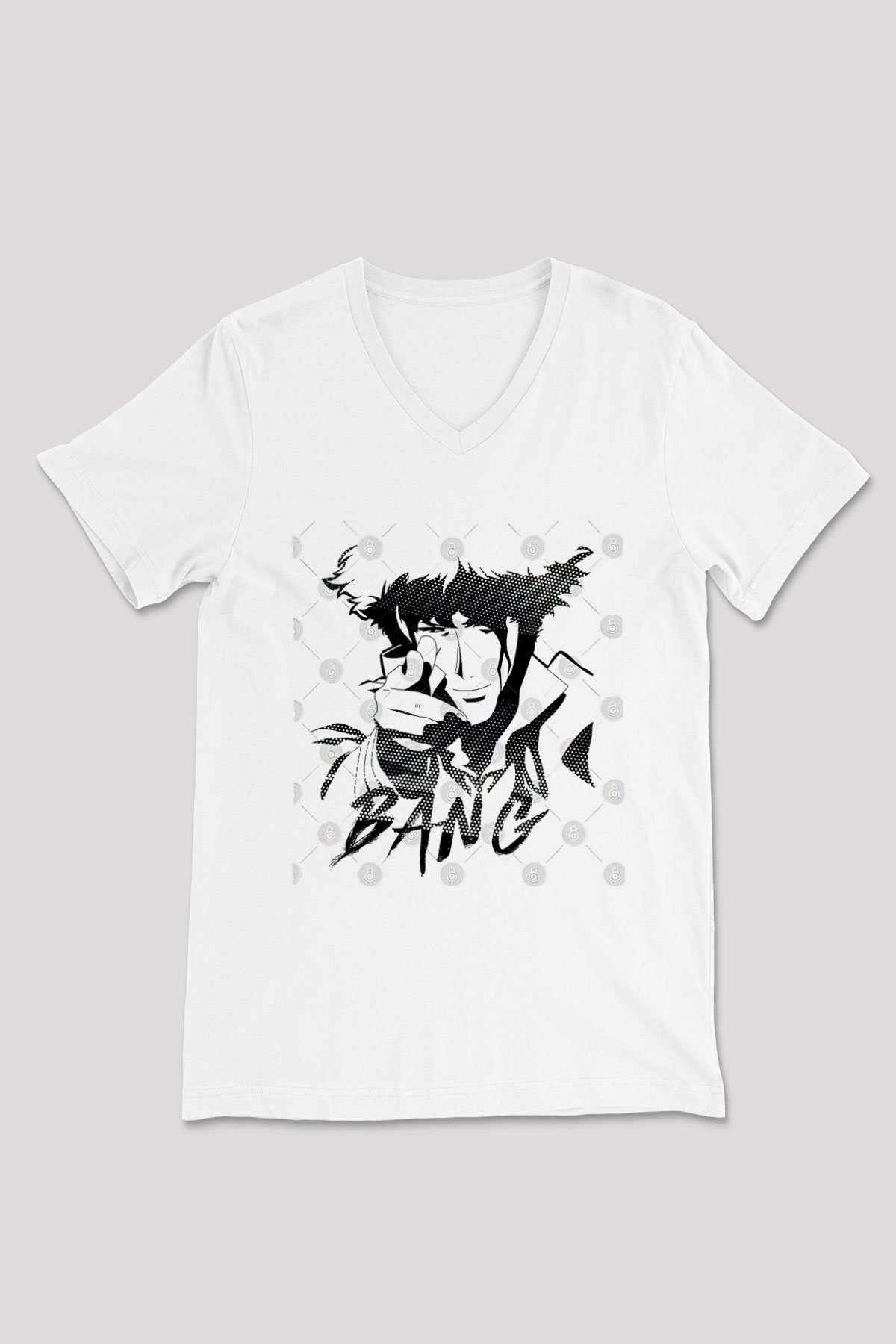 Cowboy Bebop Baskılı Beyaz Unisex V Yaka Tişört - Tshirt