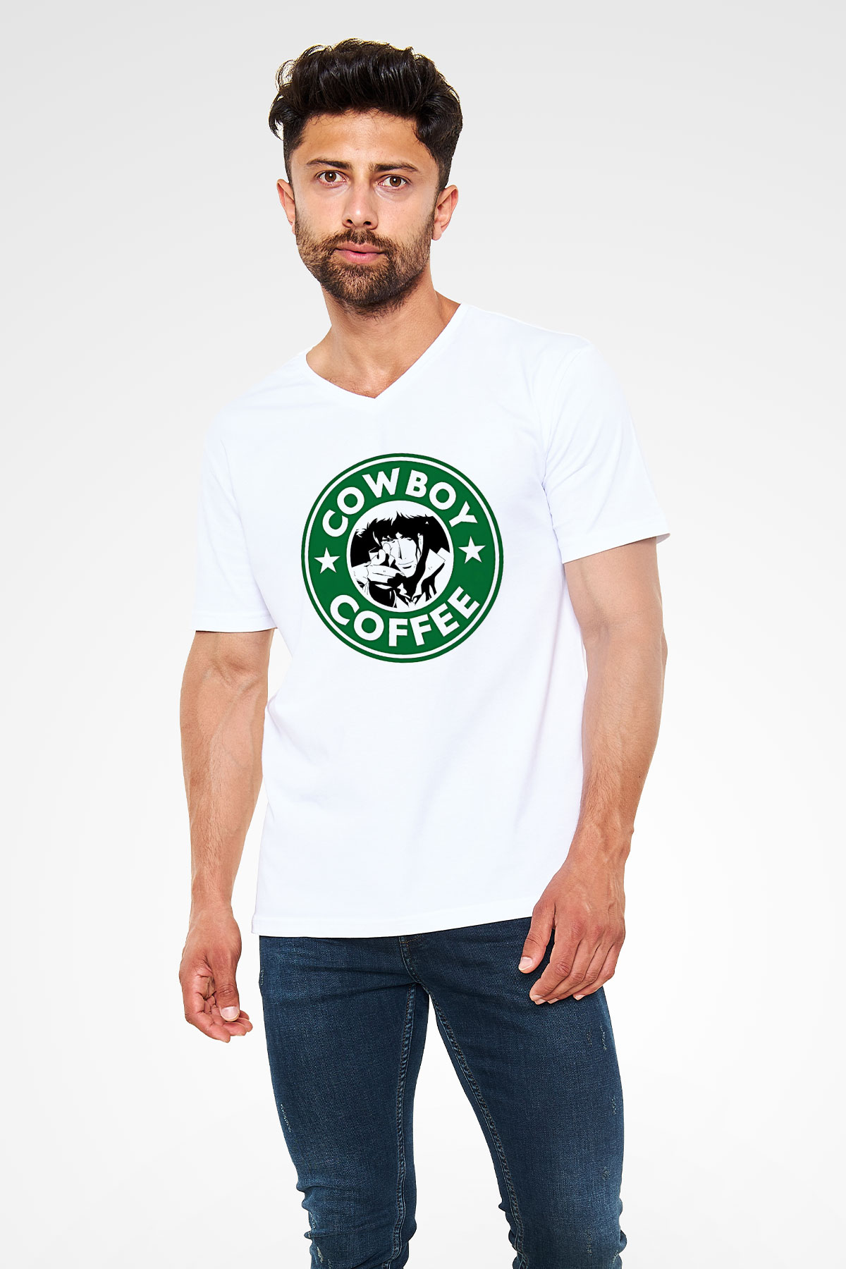 Cowboy Bebop Baskılı Beyaz Unisex V Yaka Tişört - Tshirt