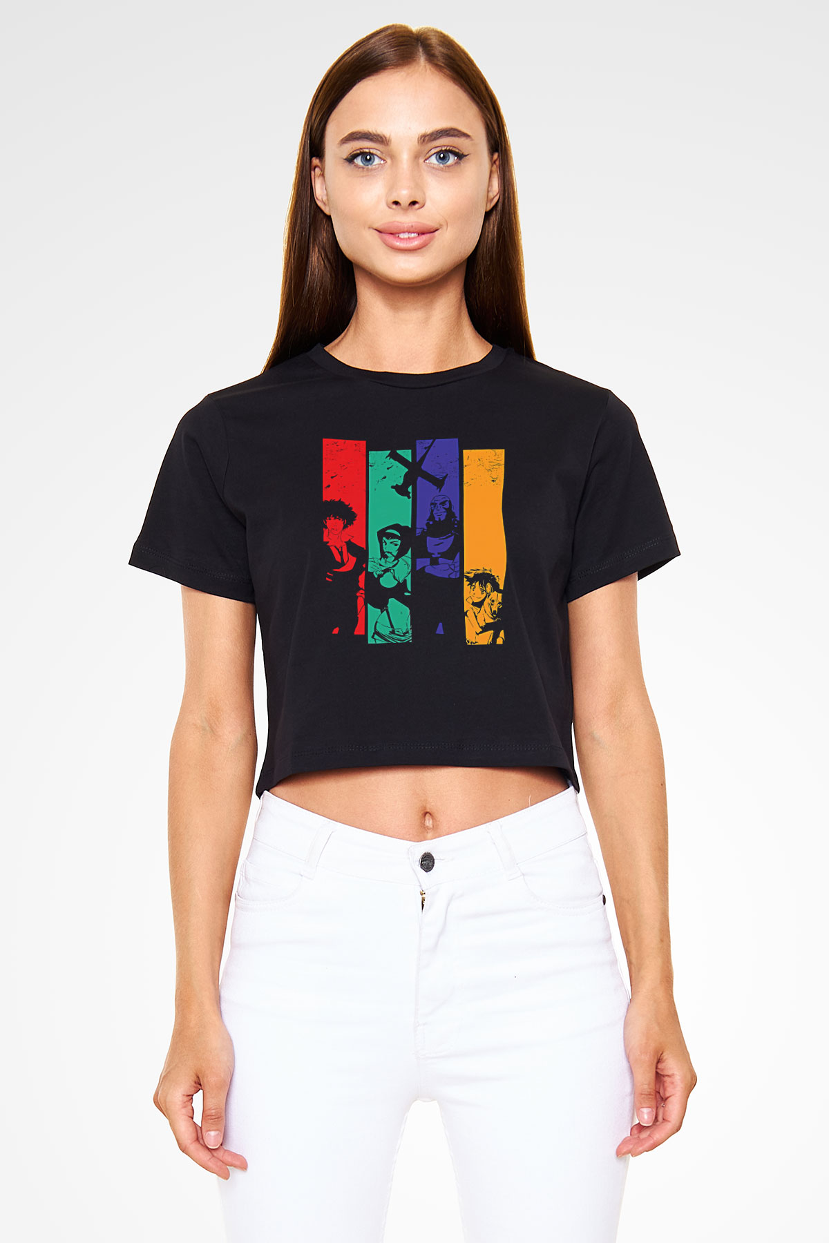 Cowboy Bebop Baskılı Siyah Crop Top Kadın Tişört - Tshirt