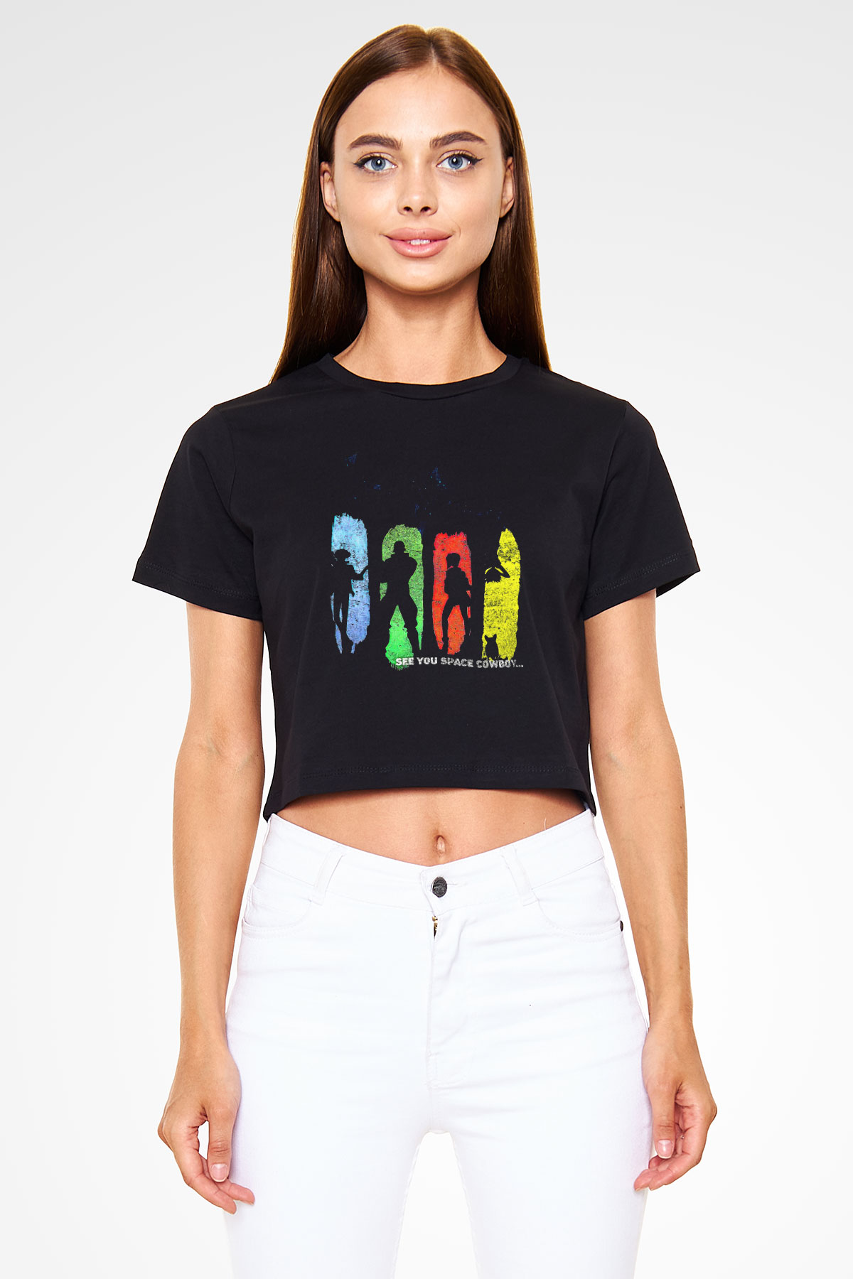 Cowboy Bebop Baskılı Siyah Crop Top Kadın Tişört - Tshirt