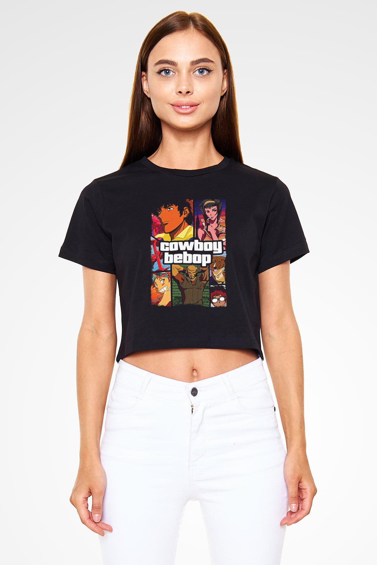 Cowboy Bebop Baskılı Siyah Crop Top Kadın Tişört - Tshirt