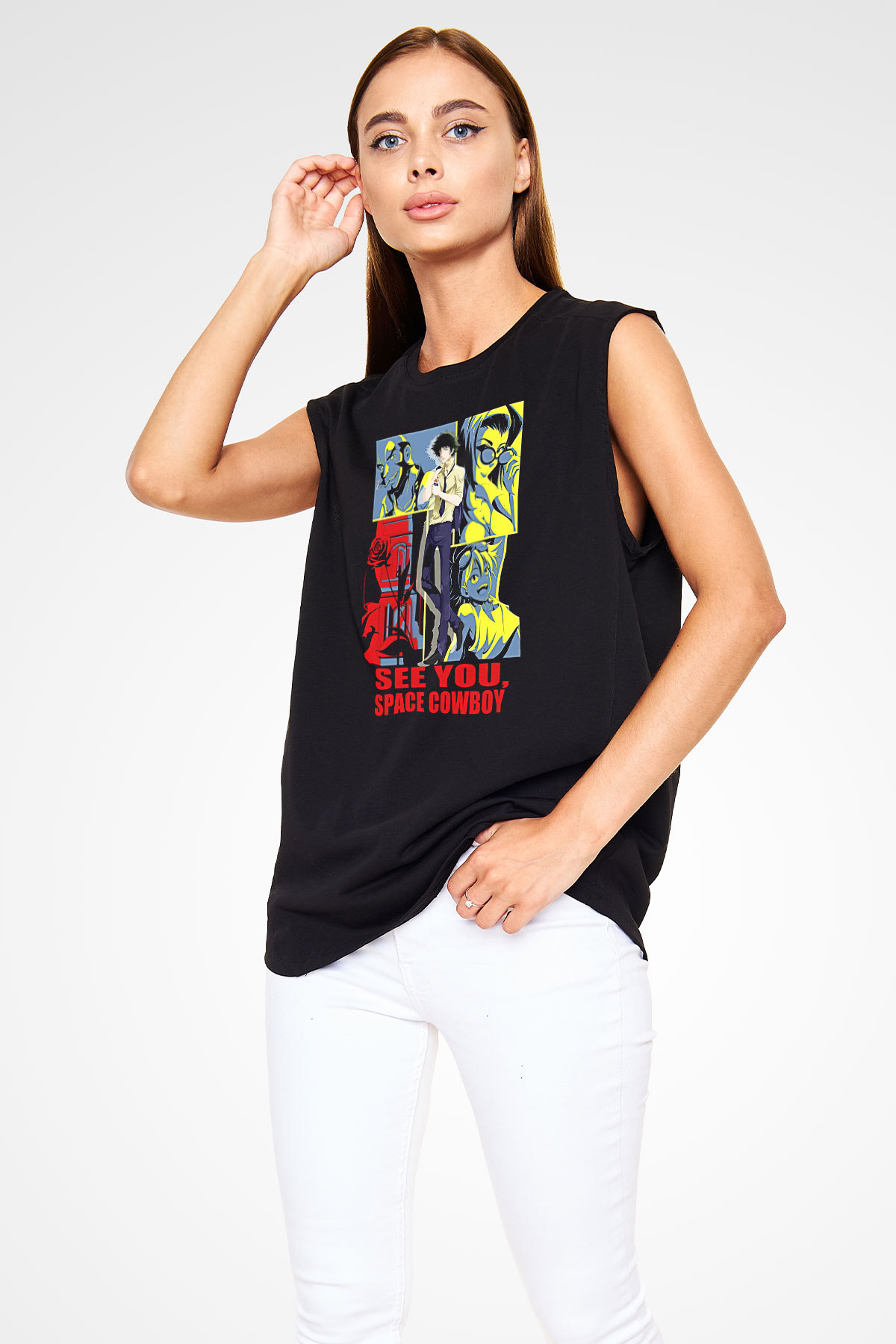 Cowboy Bebop Baskılı Unisex Siyah Kolsuz Tişört - Tshirt