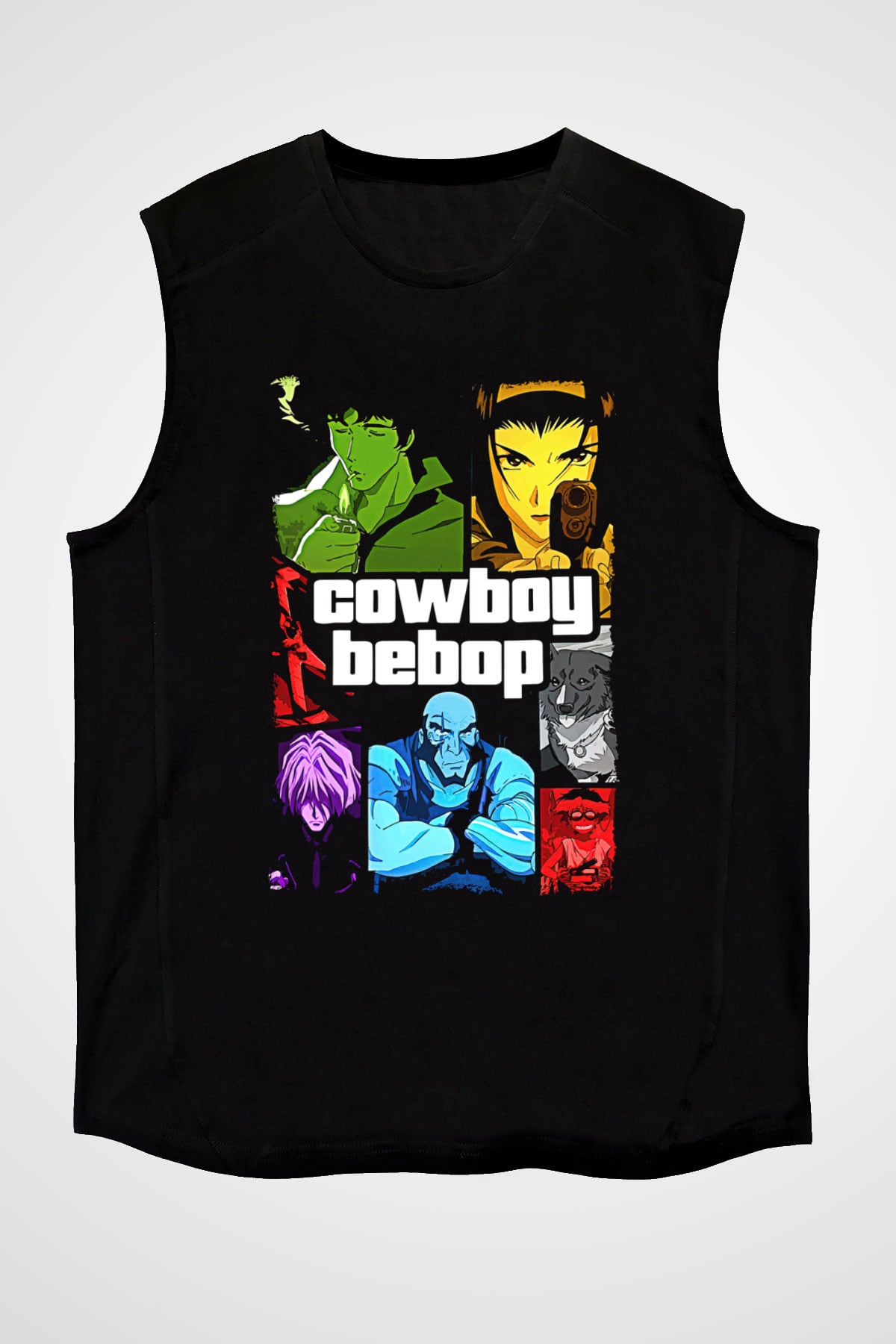 Cowboy Bebop Baskılı Unisex Siyah Kolsuz Tişört - Tshirt