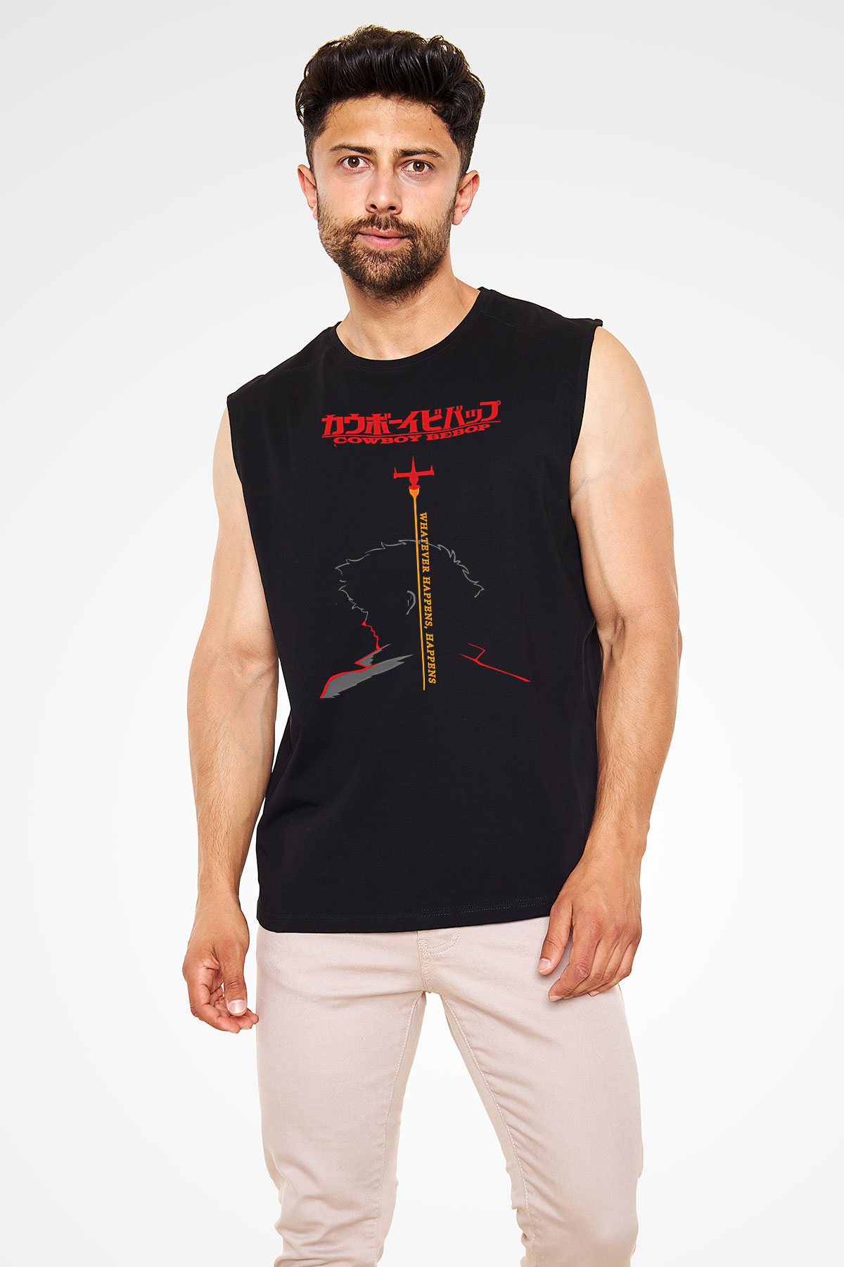 Cowboy Bebop Baskılı Unisex Siyah Kolsuz Tişört - Tshirt