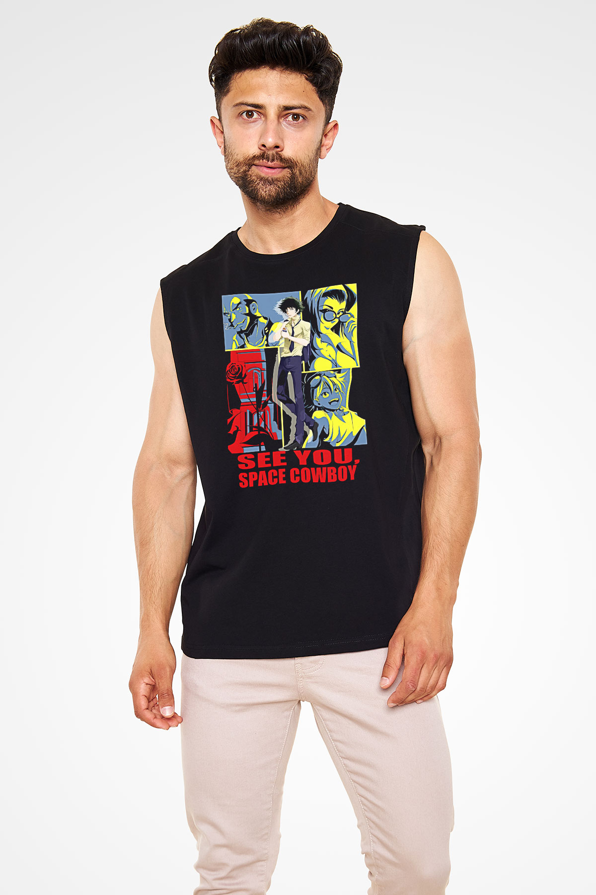 Cowboy Bebop Baskılı Unisex Siyah Kolsuz Tişört - Tshirt