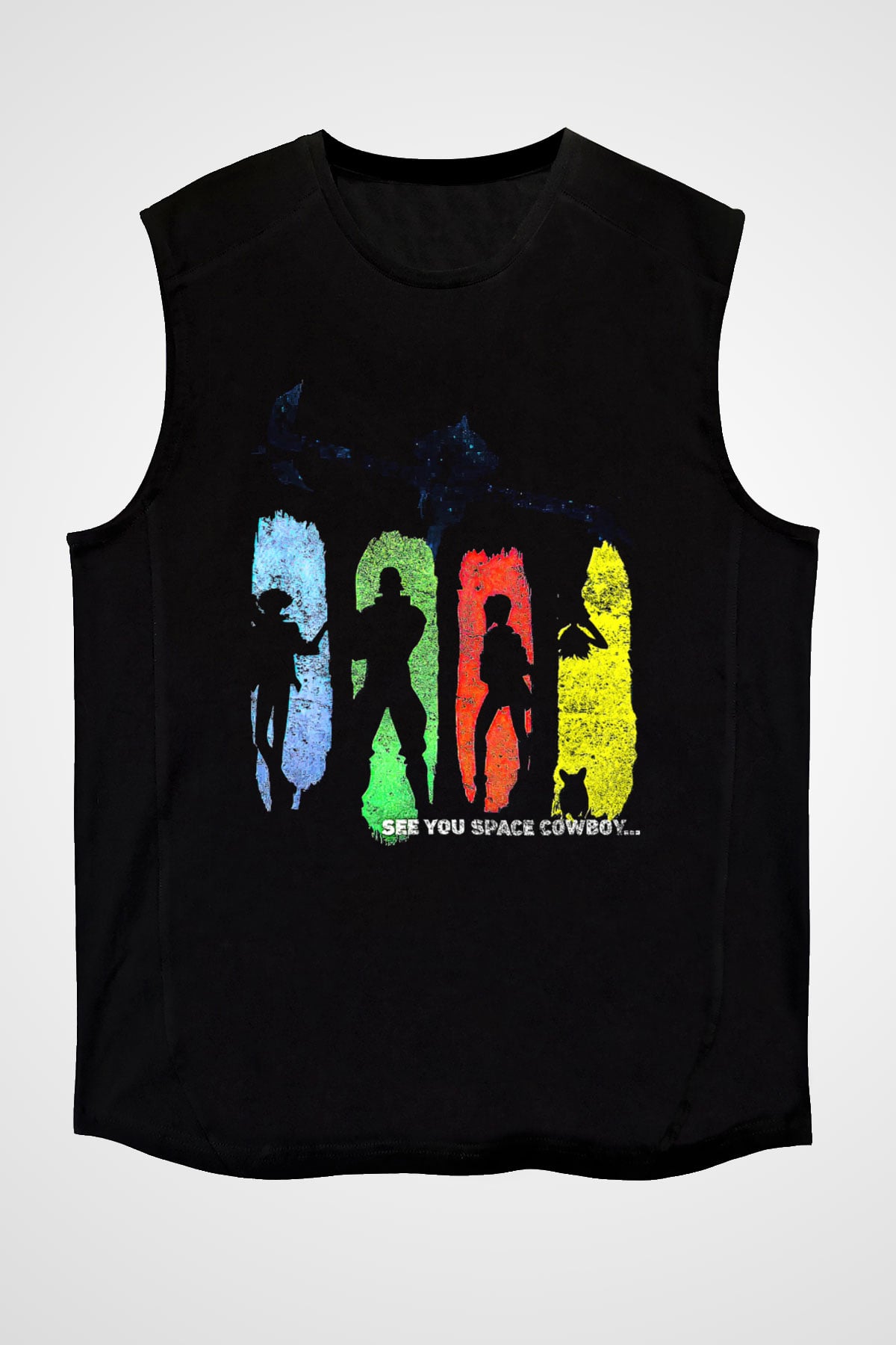 Cowboy Bebop Baskılı Unisex Siyah Kolsuz Tişört - Tshirt
