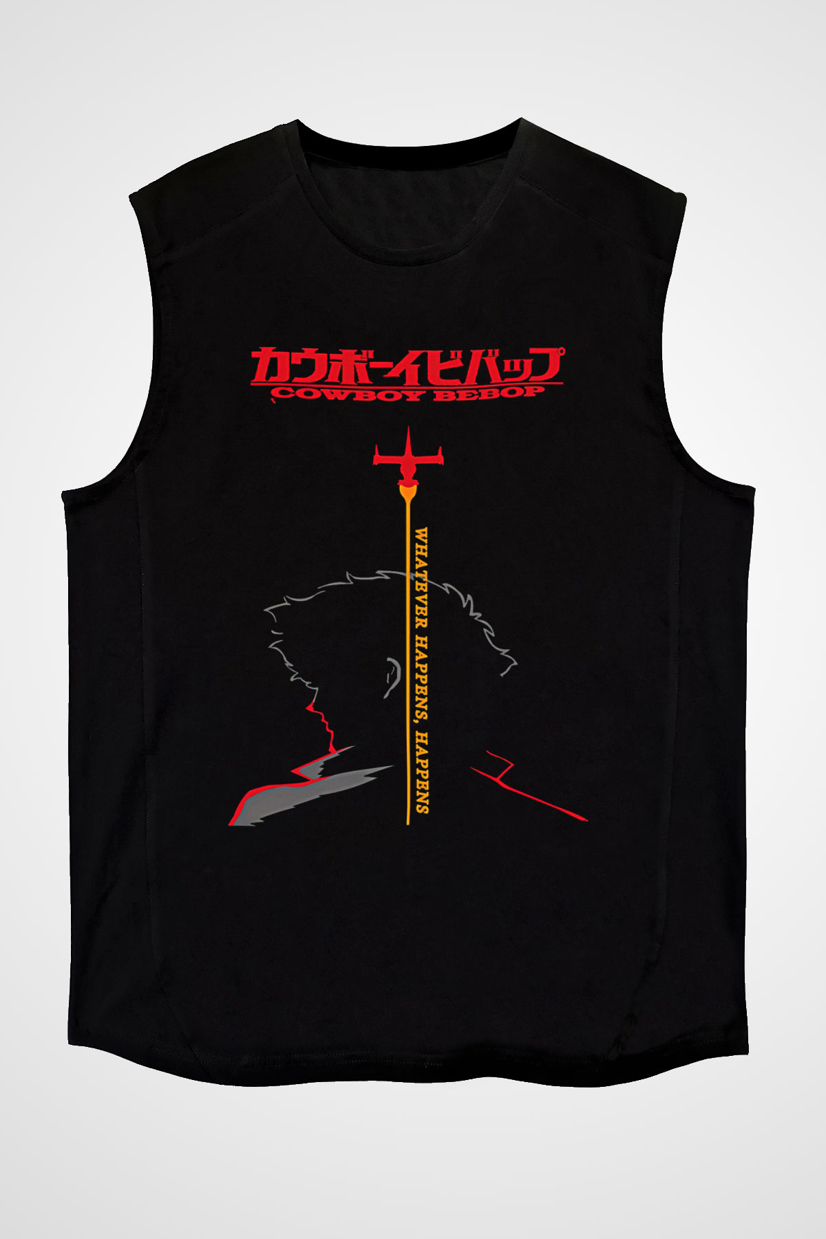 Cowboy Bebop Baskılı Unisex Siyah Kolsuz Tişört - Tshirt