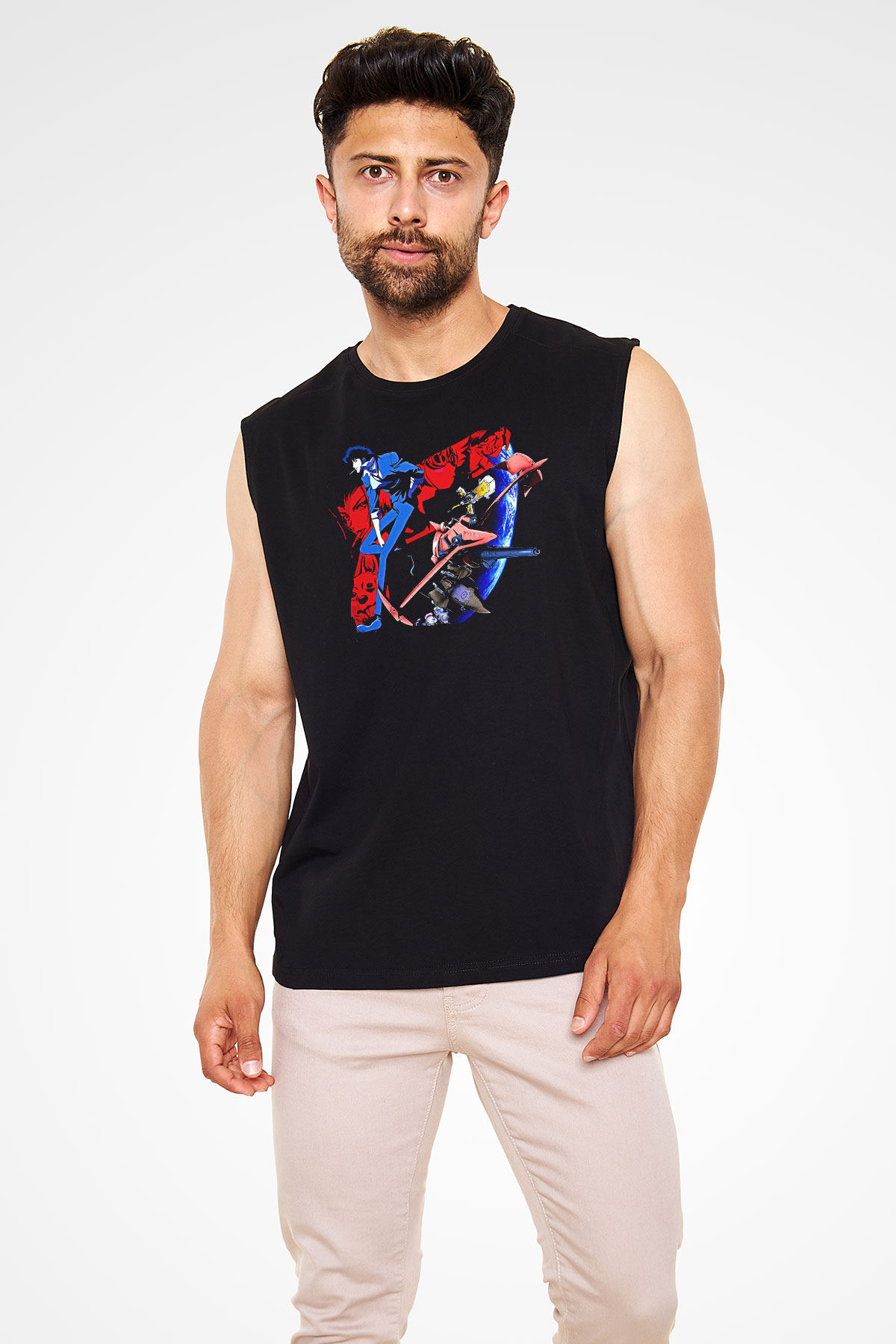 Cowboy Bebop Baskılı Unisex Siyah Kolsuz Tişört - Tshirt