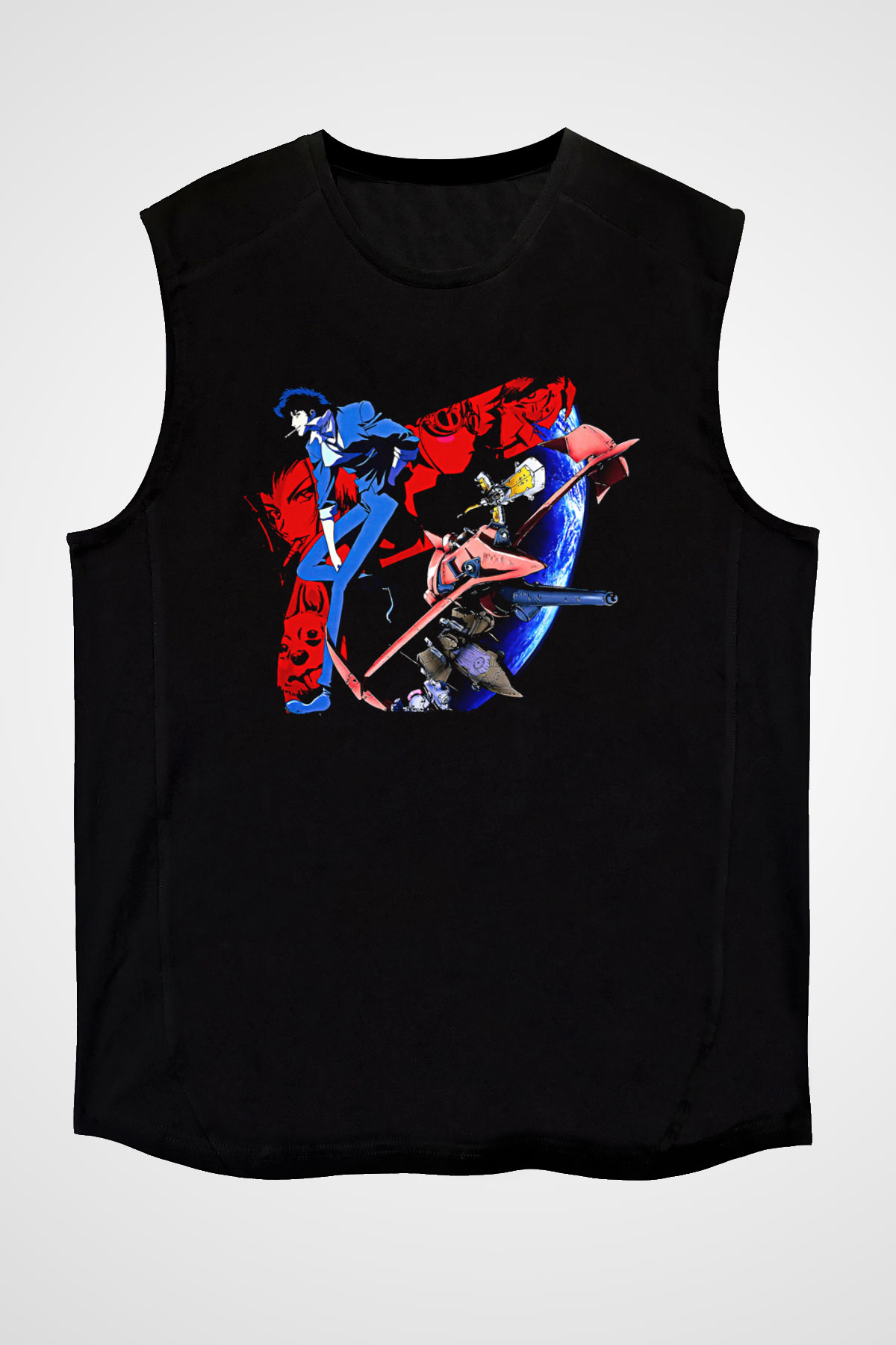Cowboy Bebop Baskılı Unisex Siyah Kolsuz Tişört - Tshirt