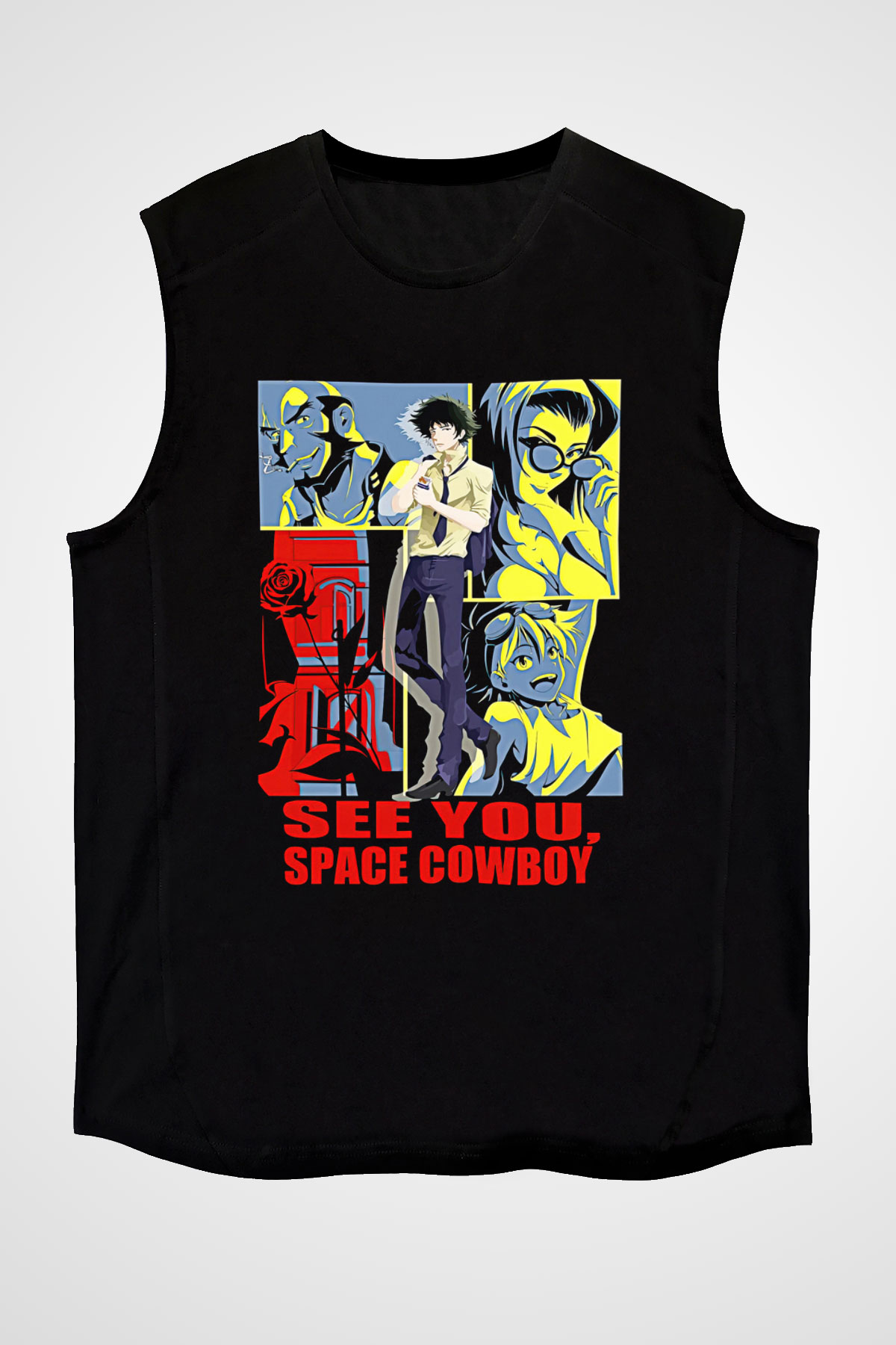Cowboy Bebop Baskılı Unisex Siyah Kolsuz Tişört - Tshirt
