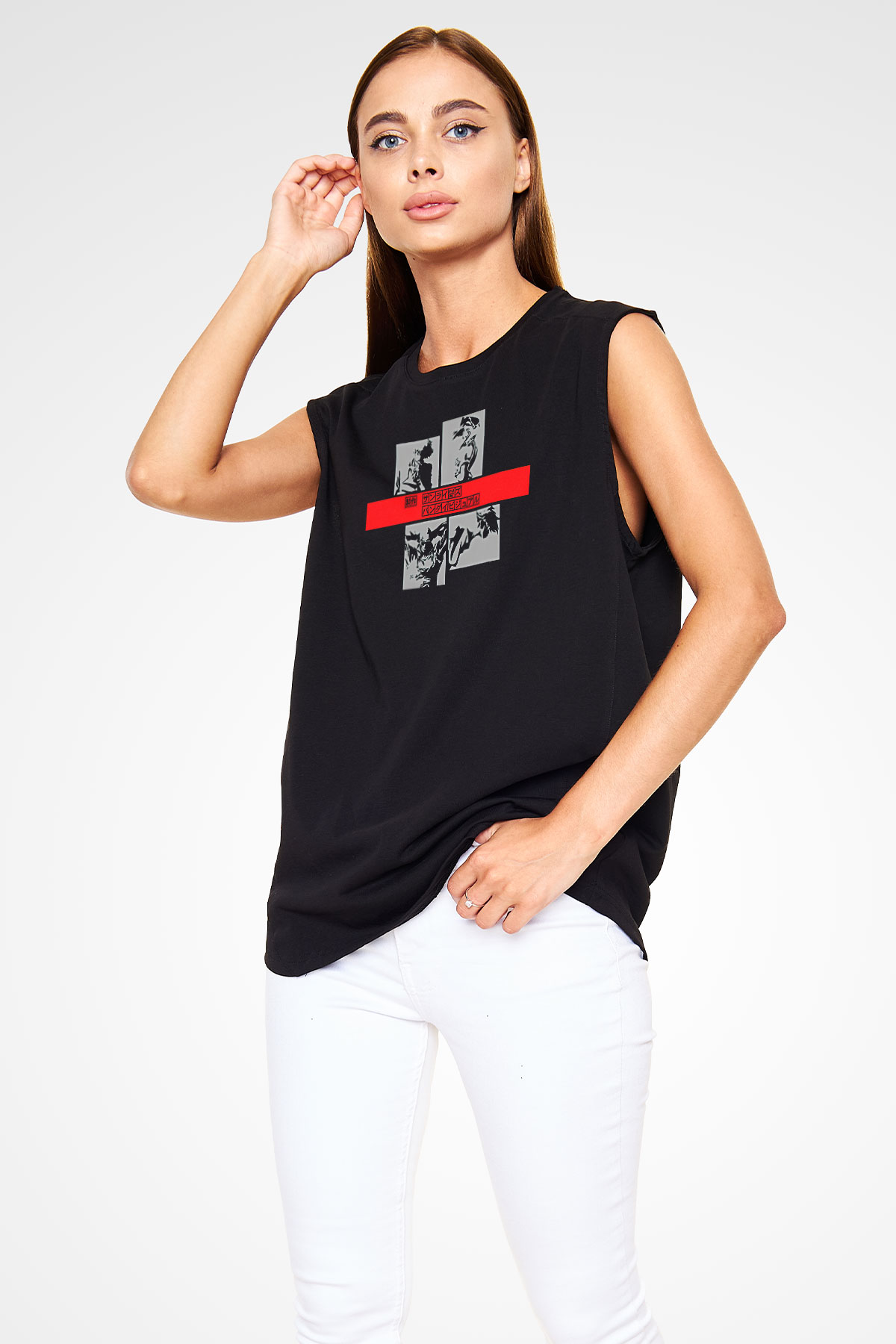 Cowboy Bebop Baskılı Unisex Siyah Kolsuz Tişört - Tshirt