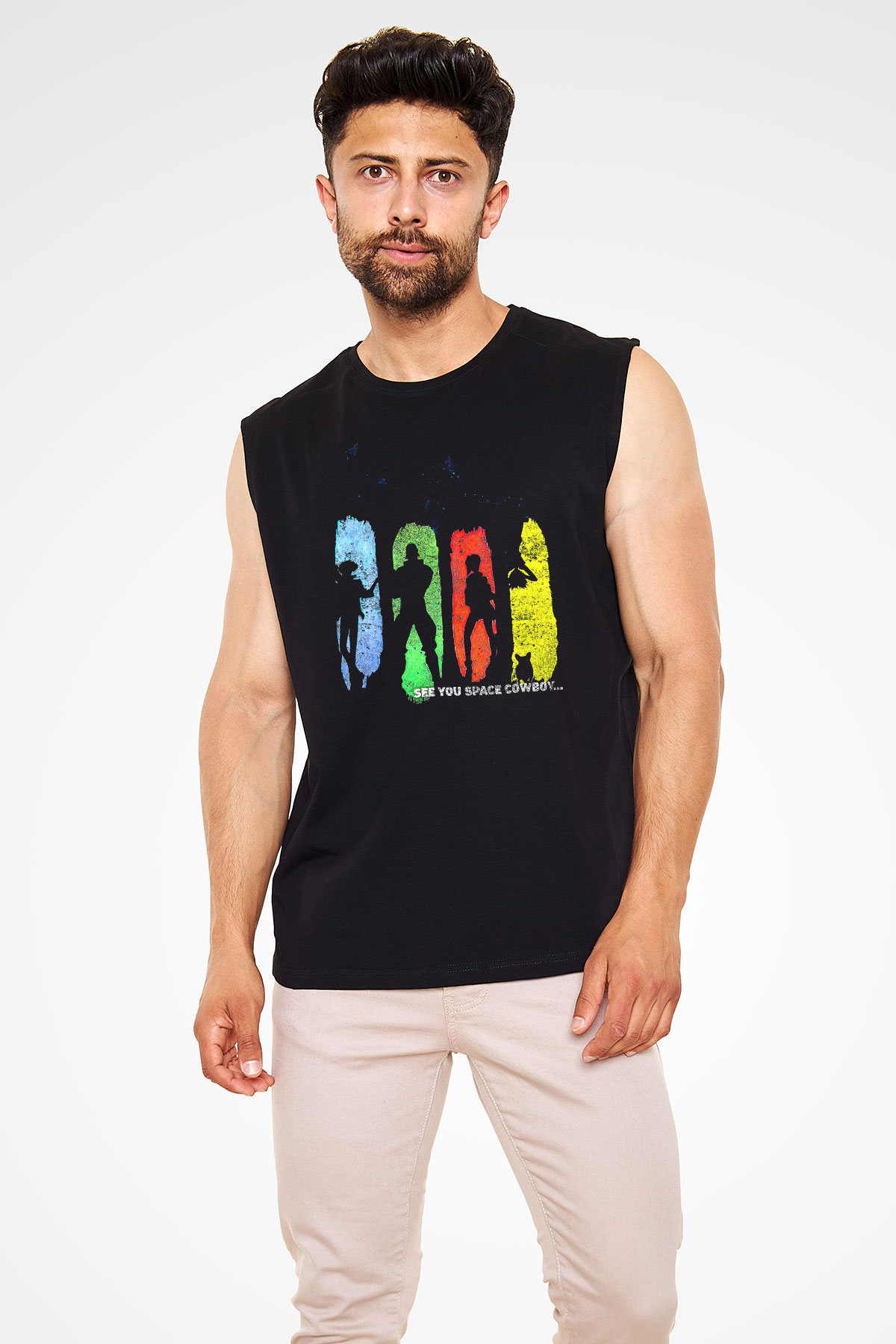 Cowboy Bebop Baskılı Unisex Siyah Kolsuz Tişört - Tshirt