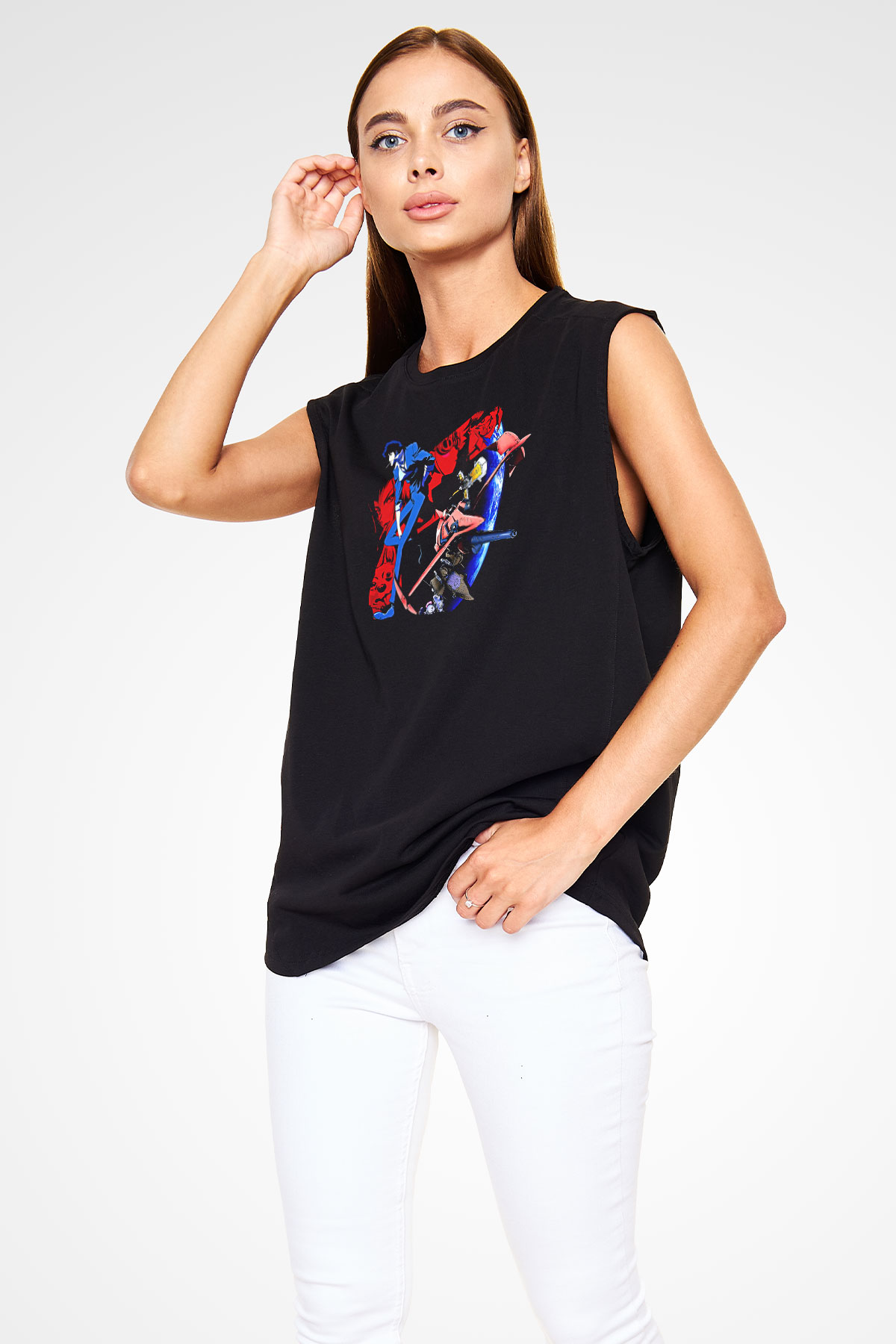 Cowboy Bebop Baskılı Unisex Siyah Kolsuz Tişört - Tshirt