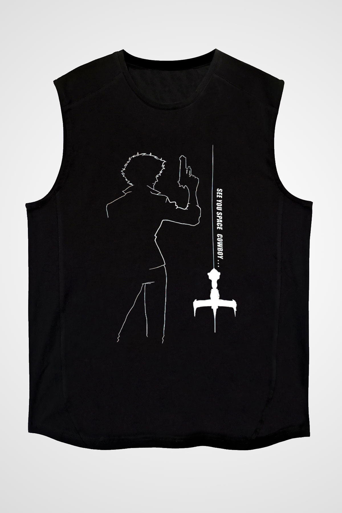 Cowboy Bebop Baskılı Unisex Siyah Kolsuz Tişört - Tshirt