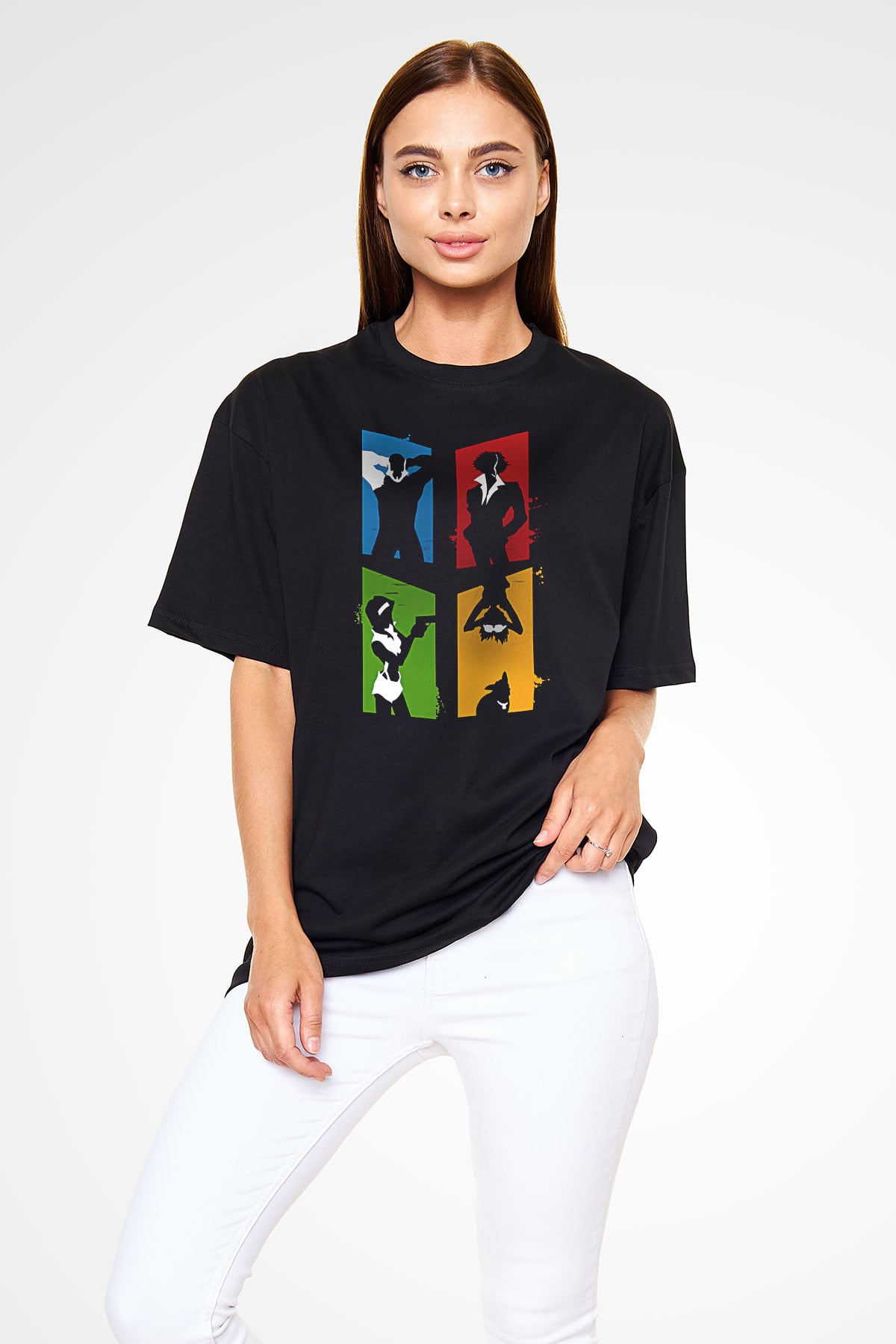 Cowboy Bebop Baskılı Unisex Siyah Oversize Tişört - Tshirt