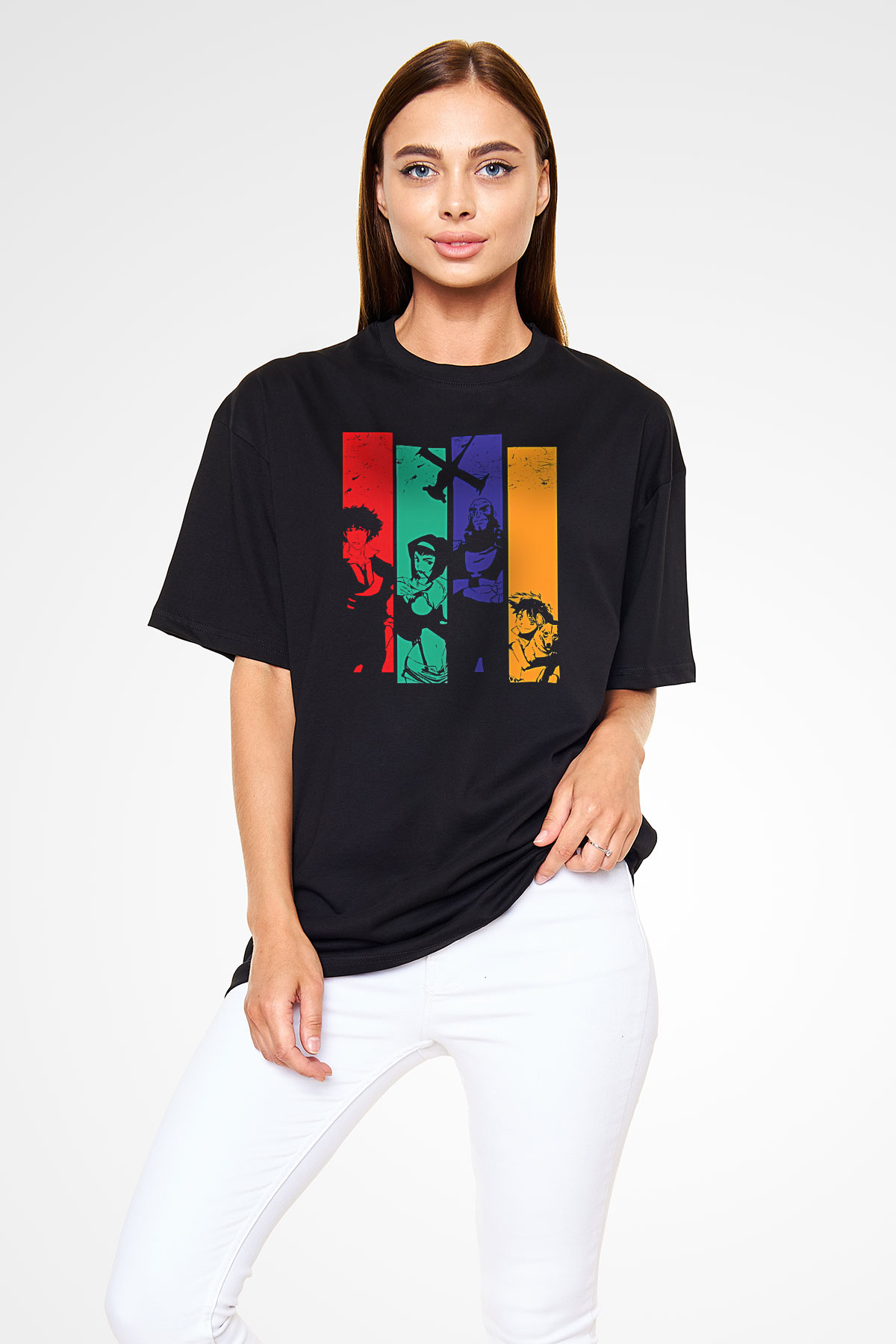 Cowboy Bebop Baskılı Unisex Siyah Oversize Tişört - Tshirt