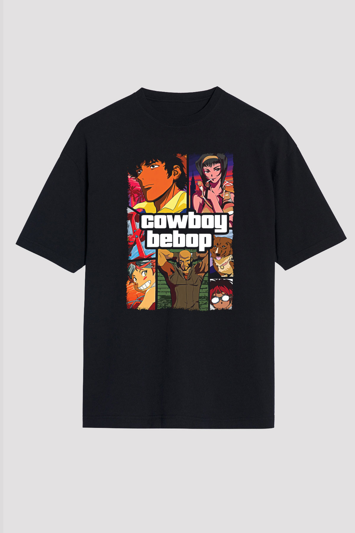 Cowboy Bebop Baskılı Unisex Siyah Oversize Tişört - Tshirt