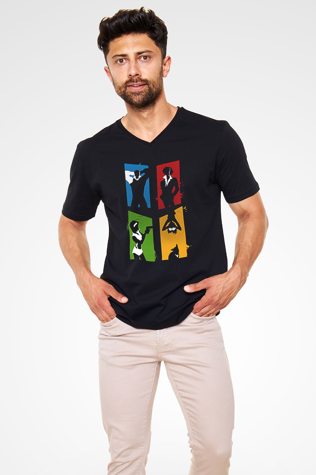 Cowboy Bebop Baskılı Unisex Siyah V Yaka Tişört - Tshirt