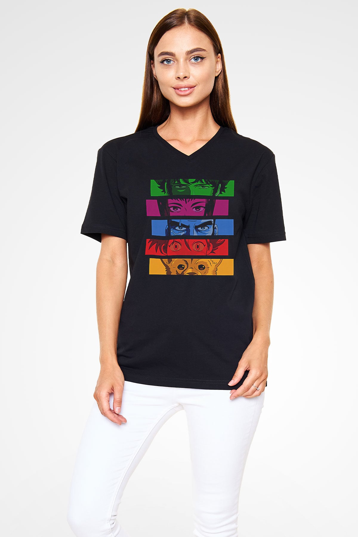 Cowboy Bebop Baskılı Unisex Siyah V Yaka Tişört - Tshirt