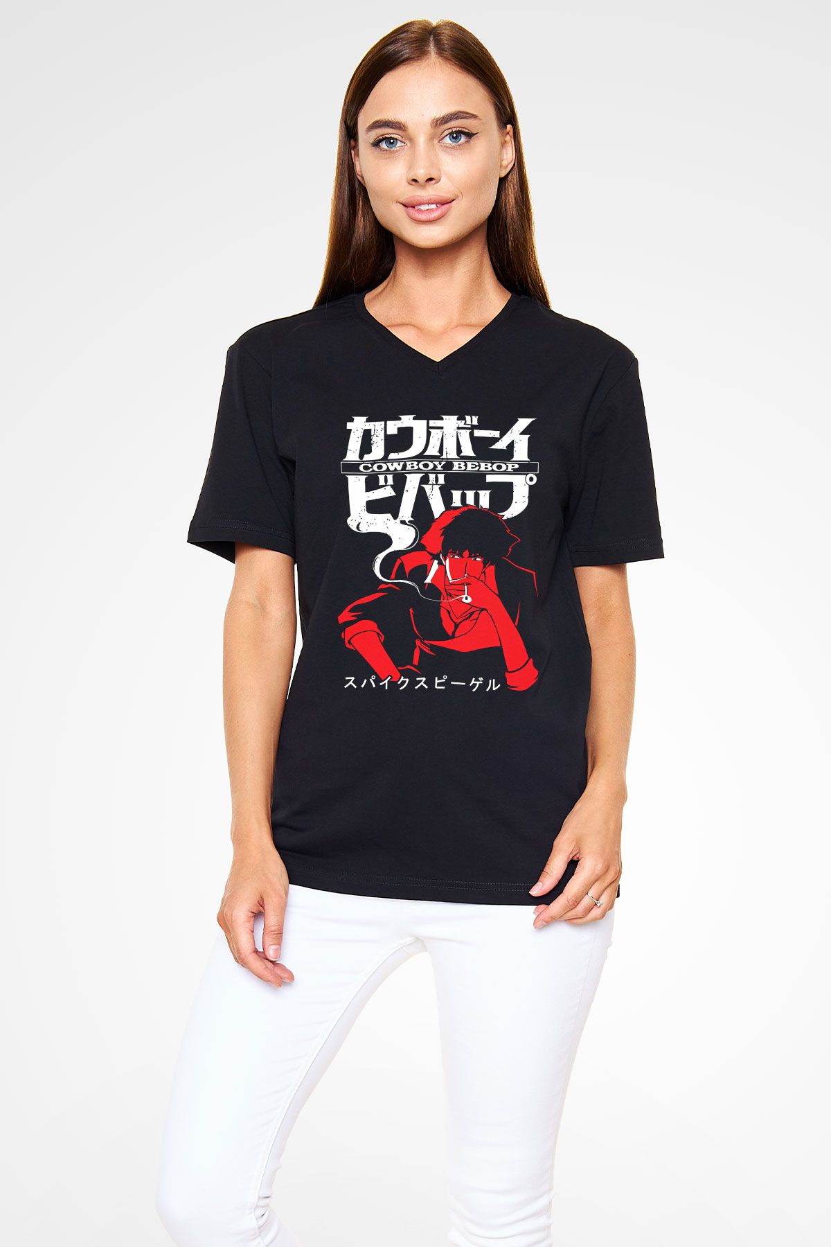 Cowboy Bebop Baskılı Unisex Siyah V Yaka Tişört - Tshirt