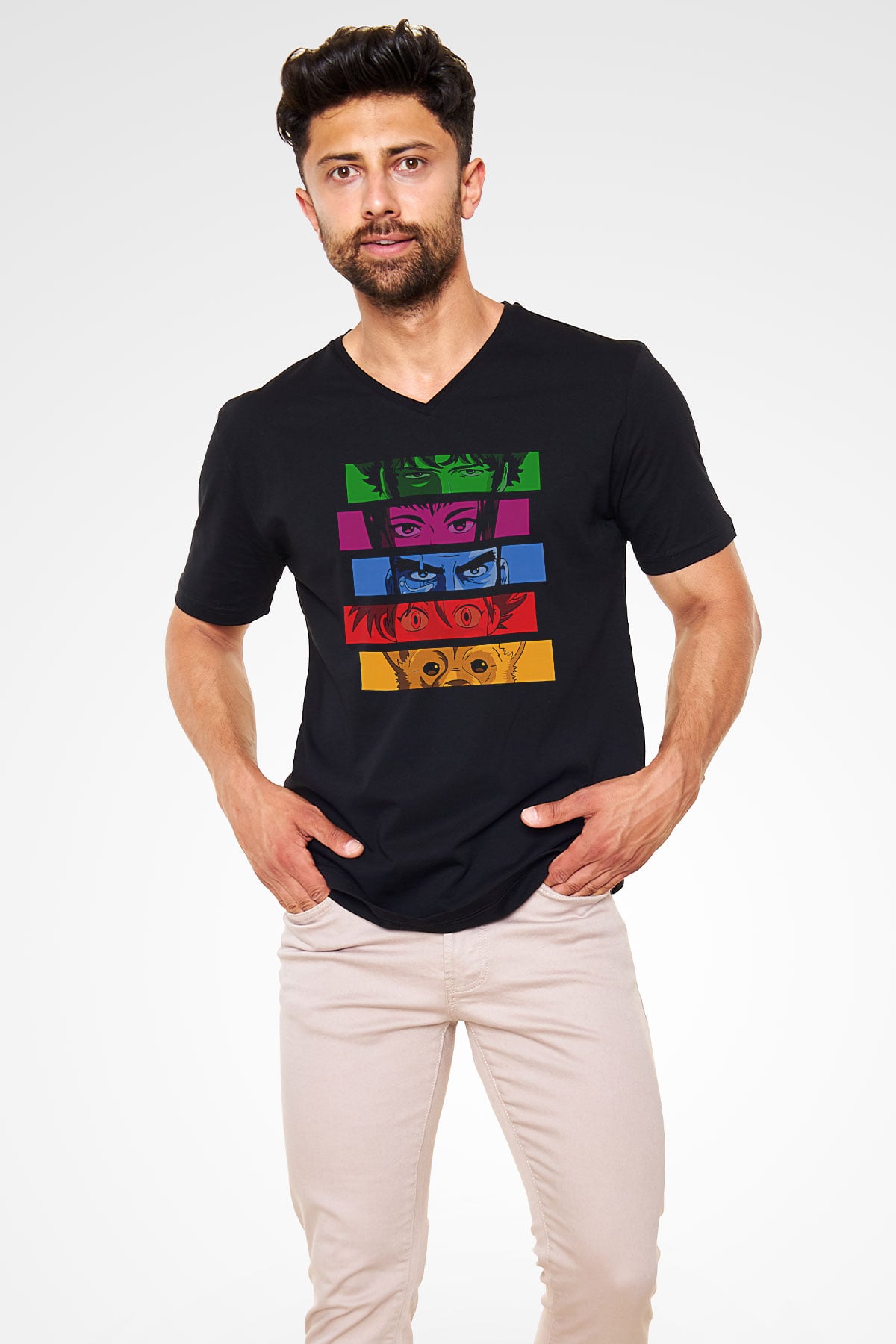 Cowboy Bebop Baskılı Unisex Siyah V Yaka Tişört - Tshirt