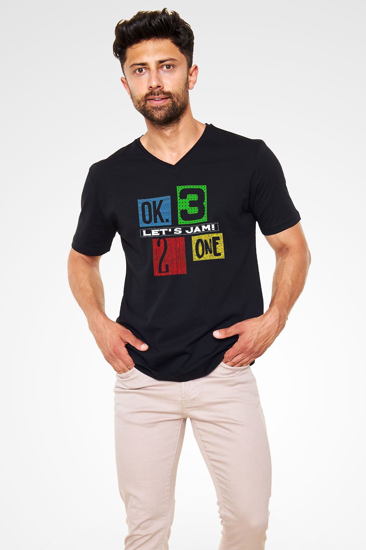 Cowboy Bebop Baskılı Unisex Siyah V Yaka Tişört - Tshirt