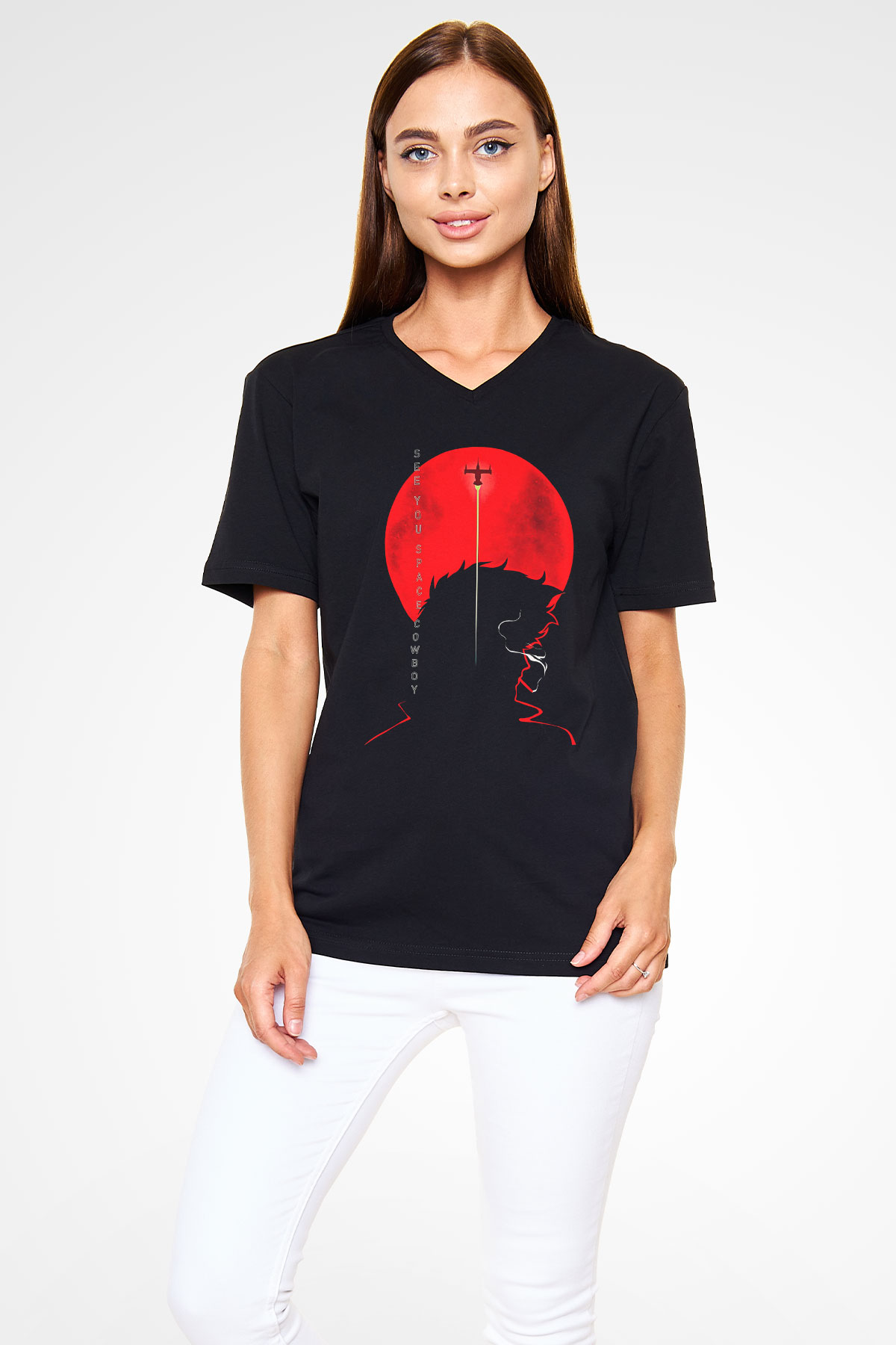 Cowboy Bebop Baskılı Unisex Siyah V Yaka Tişört - Tshirt