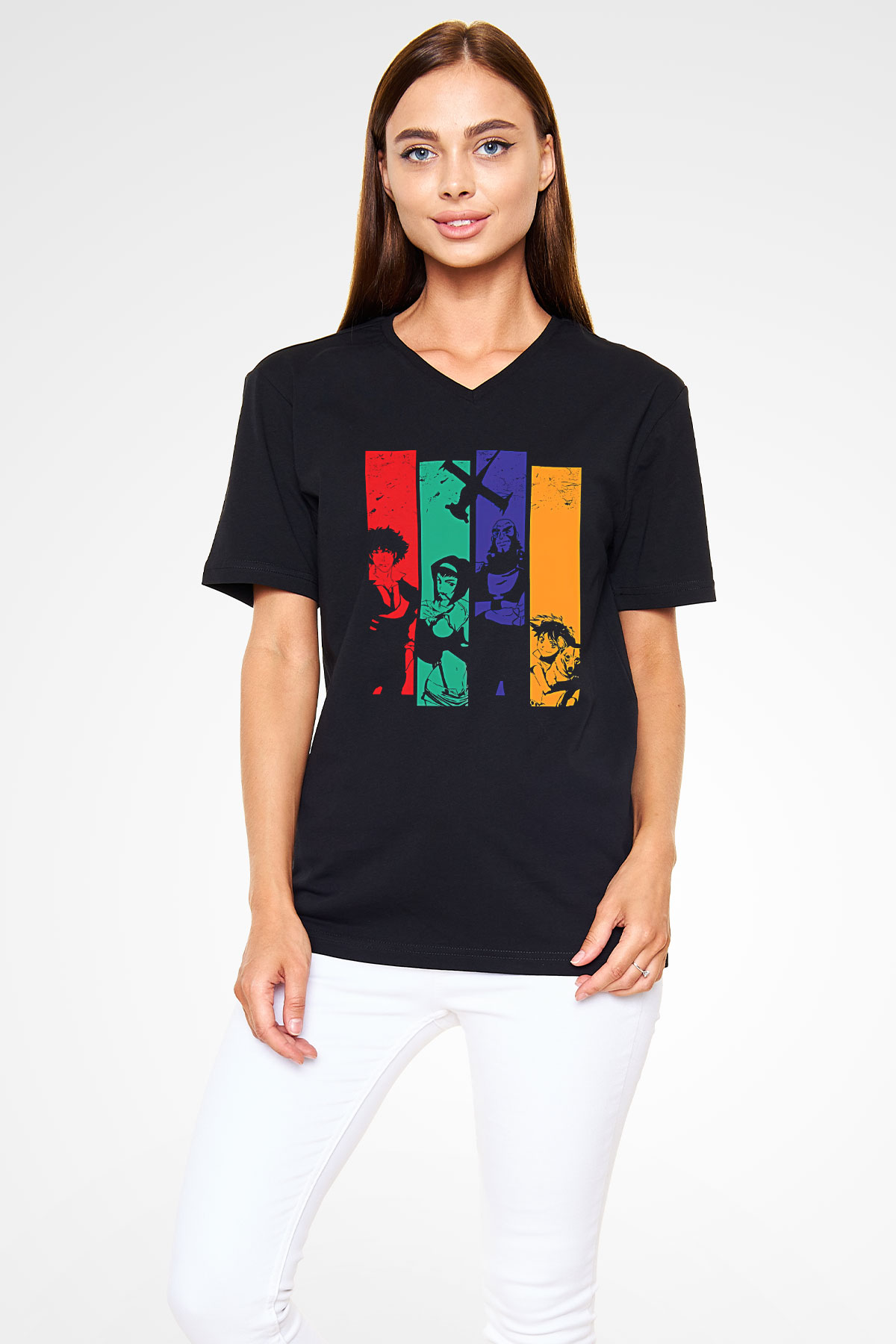 Cowboy Bebop Baskılı Unisex Siyah V Yaka Tişört - Tshirt