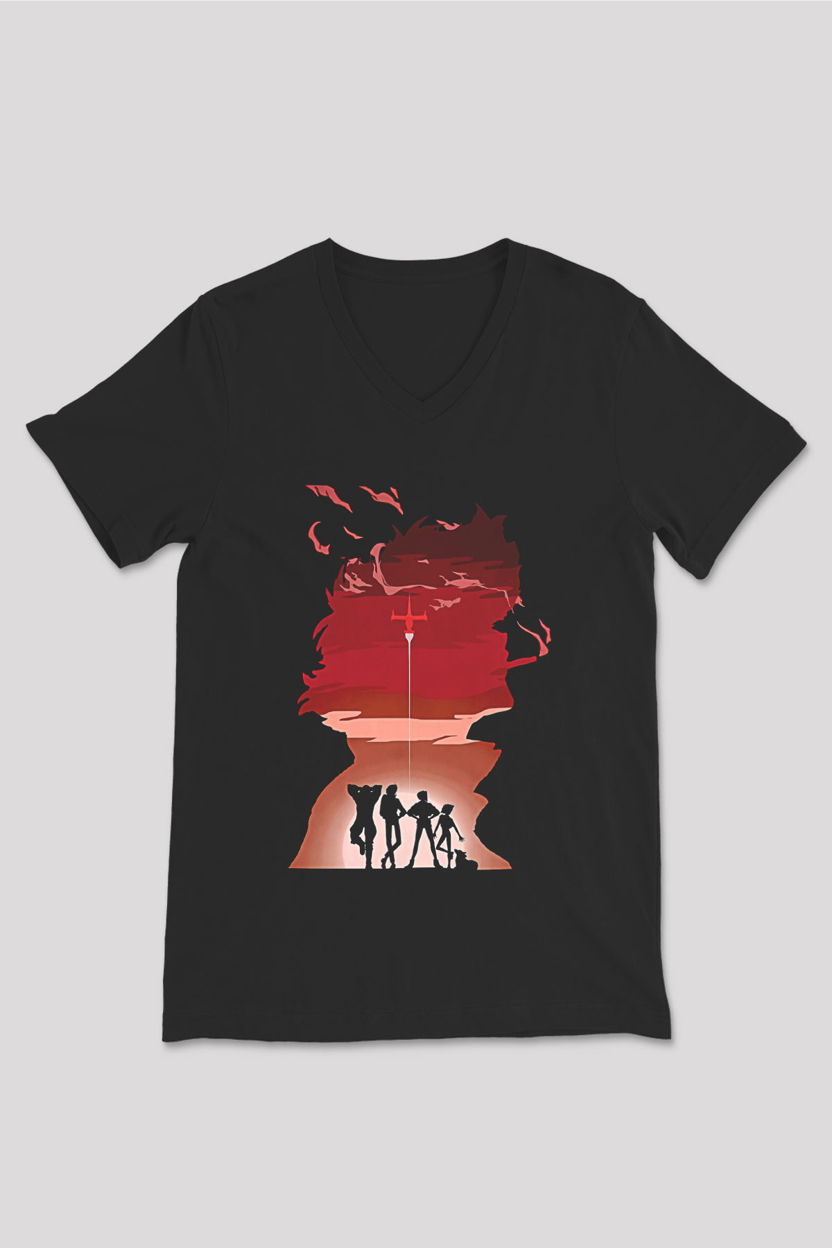 Cowboy Bebop Baskılı Unisex Siyah V Yaka Tişört - Tshirt