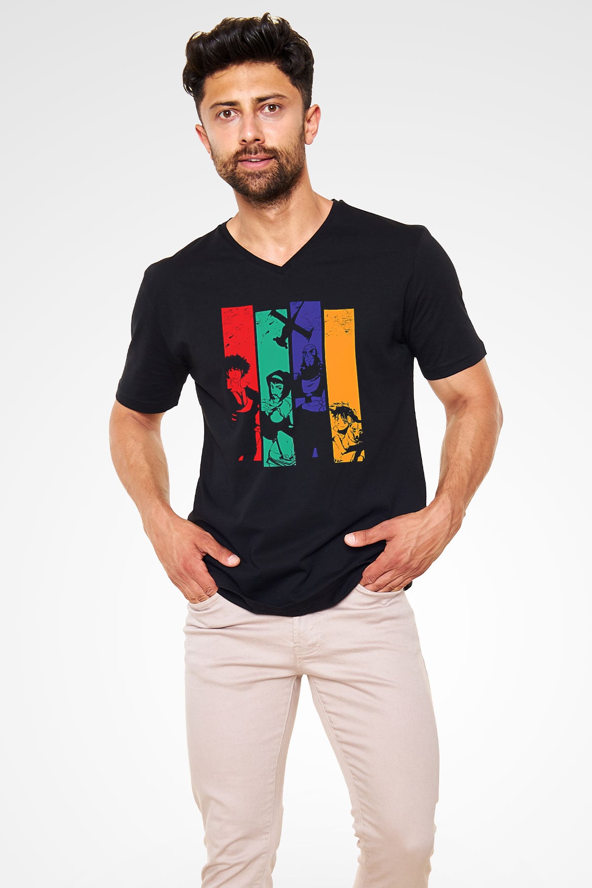 Cowboy Bebop Baskılı Unisex Siyah V Yaka Tişört - Tshirt