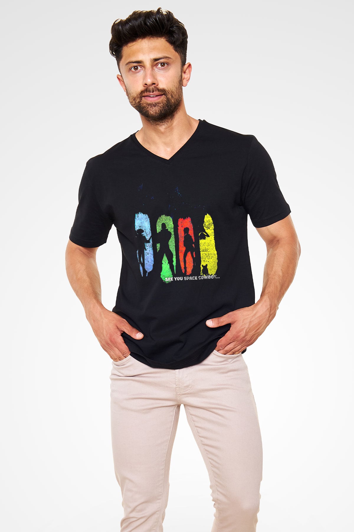 Cowboy Bebop Baskılı Unisex Siyah V Yaka Tişört - Tshirt