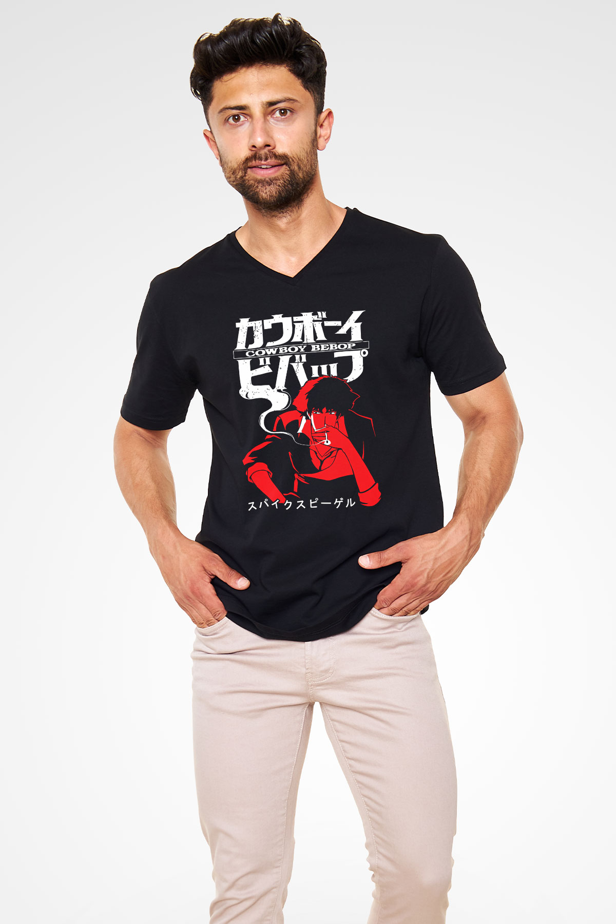 Cowboy Bebop Baskılı Unisex Siyah V Yaka Tişört - Tshirt
