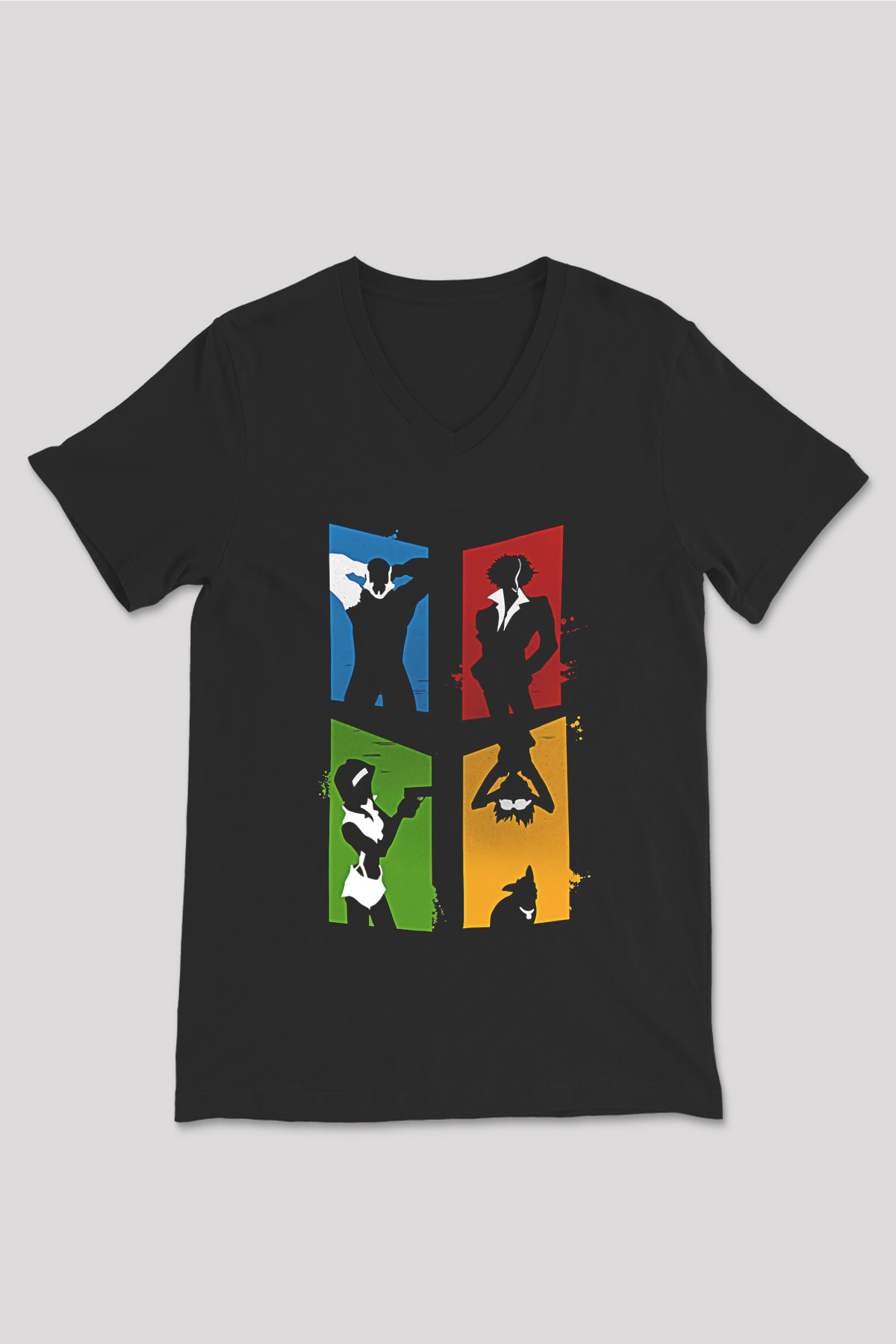 Cowboy Bebop Baskılı Unisex Siyah V Yaka Tişört - Tshirt