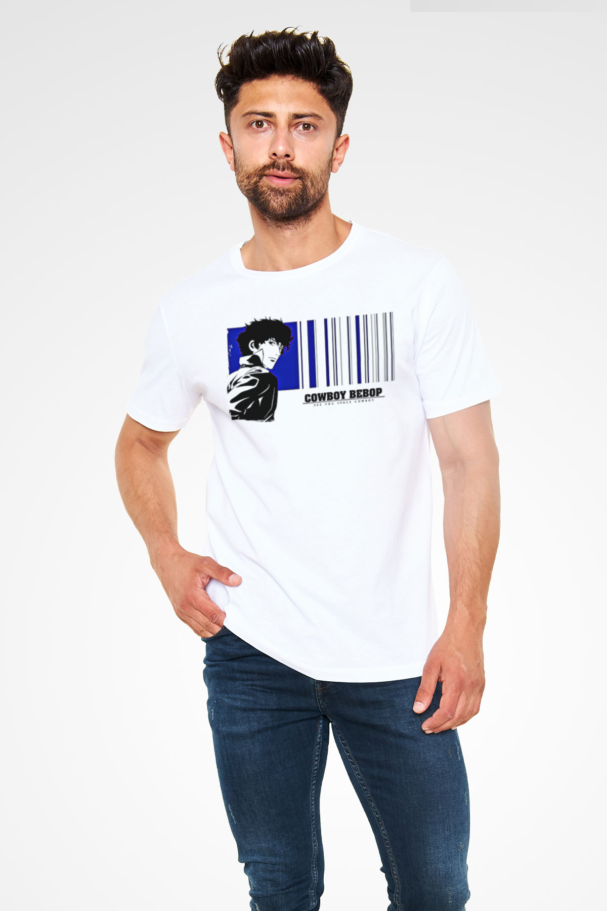 Cowboy Bebop Unisex Baskılı Beyaz Tişört - Tshirt