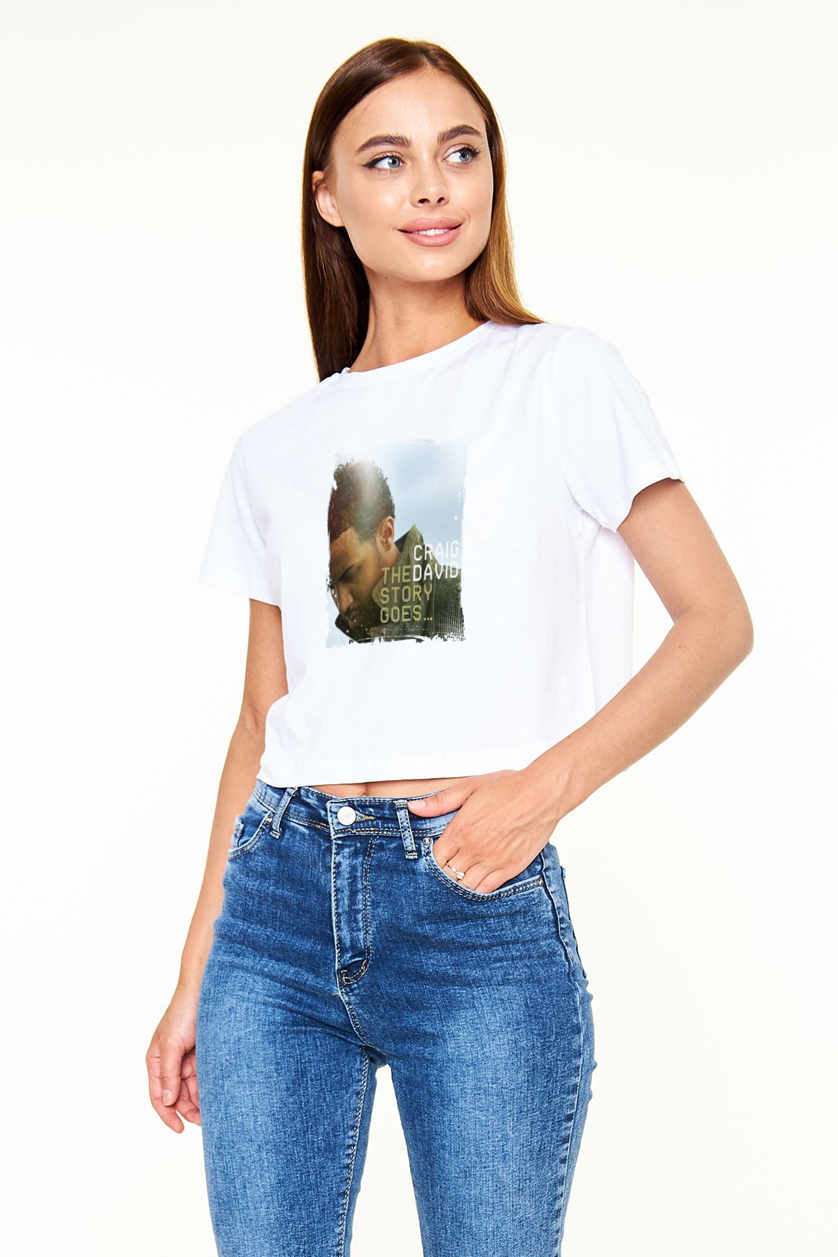 Craig David Baskılı Beyaz Kadın Crop Top Tişört