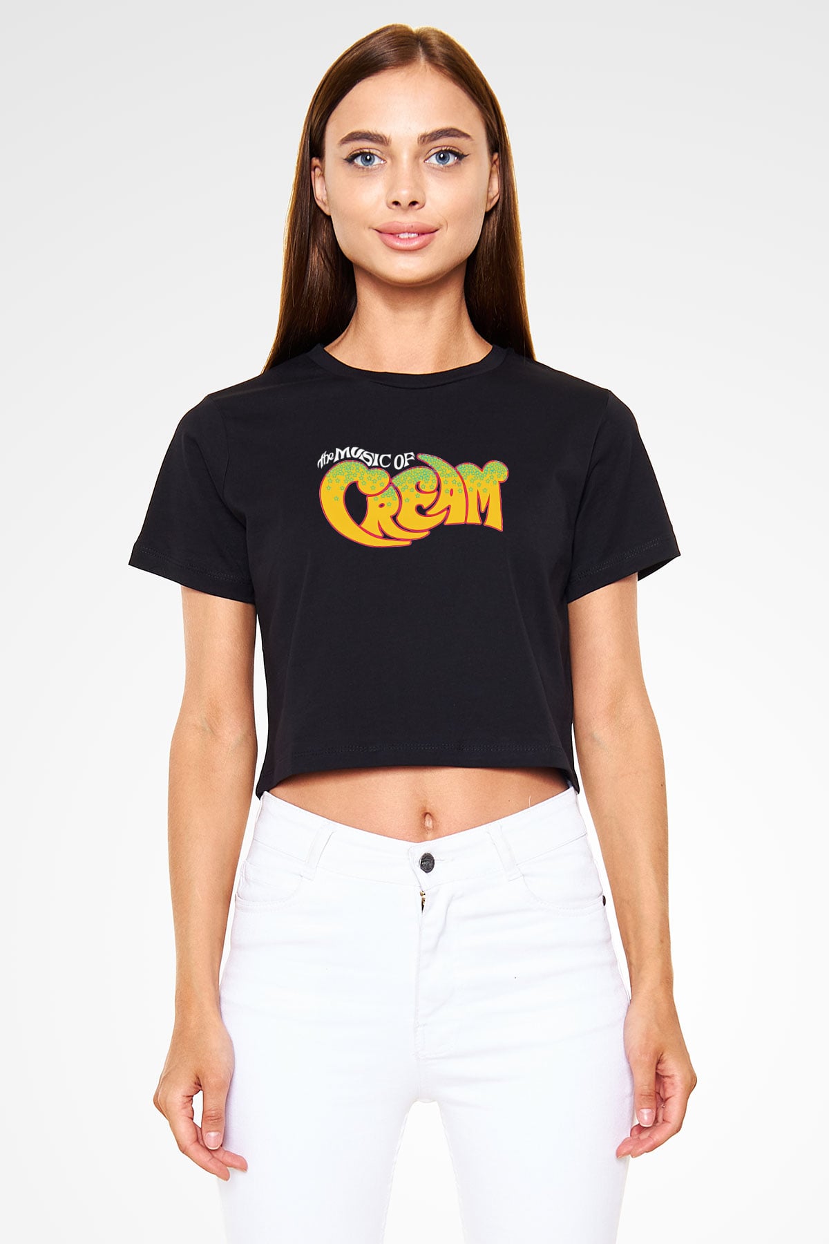 Cream Baskılı Siyah Crop Top Kadın Tişört - Tshirt