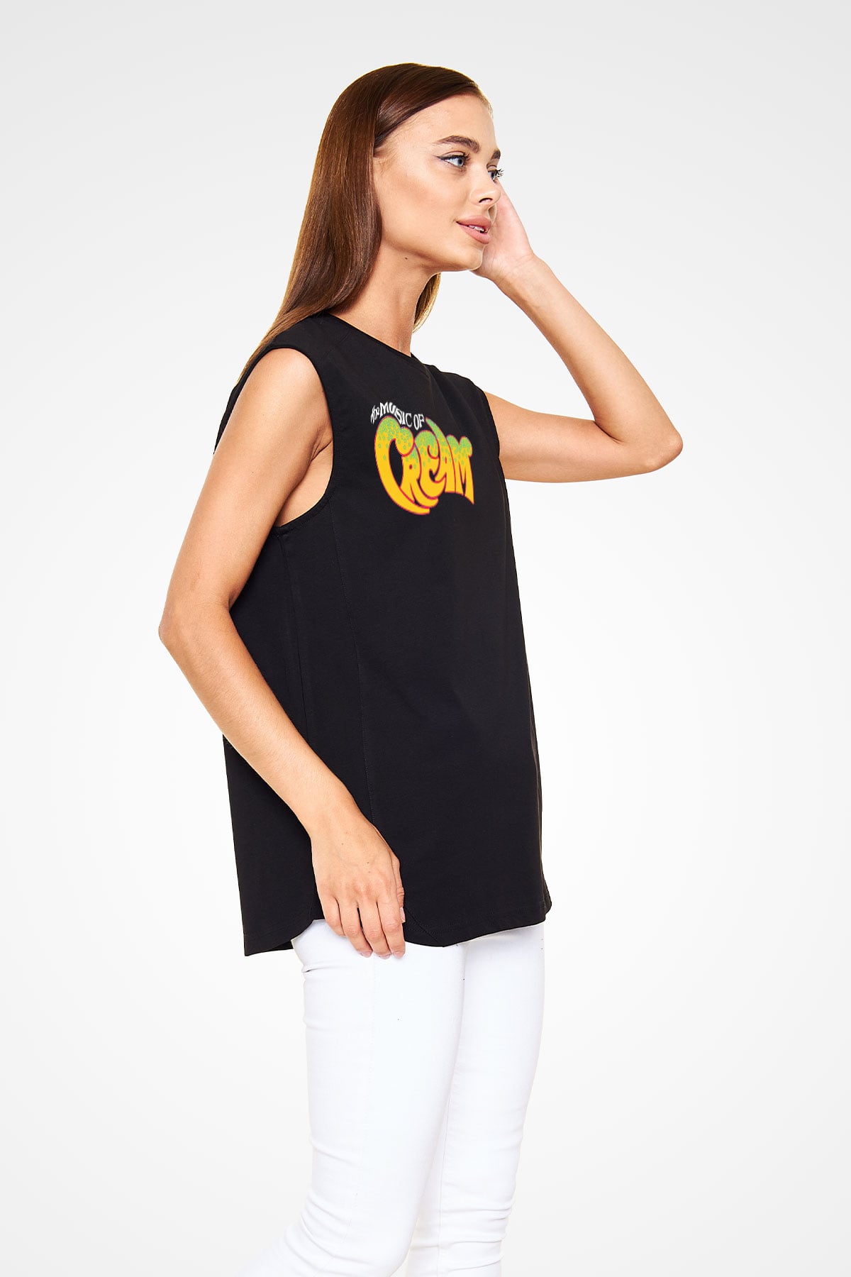 Cream Baskılı Unisex Siyah Kolsuz Tişört - Tshirt