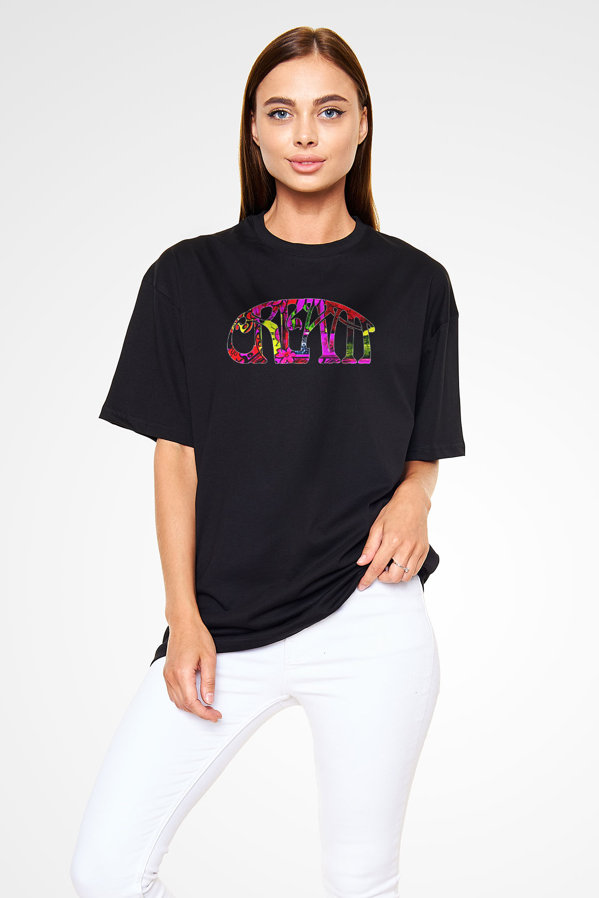 Cream Baskılı Unisex Siyah Oversize Tişört - Tshirt