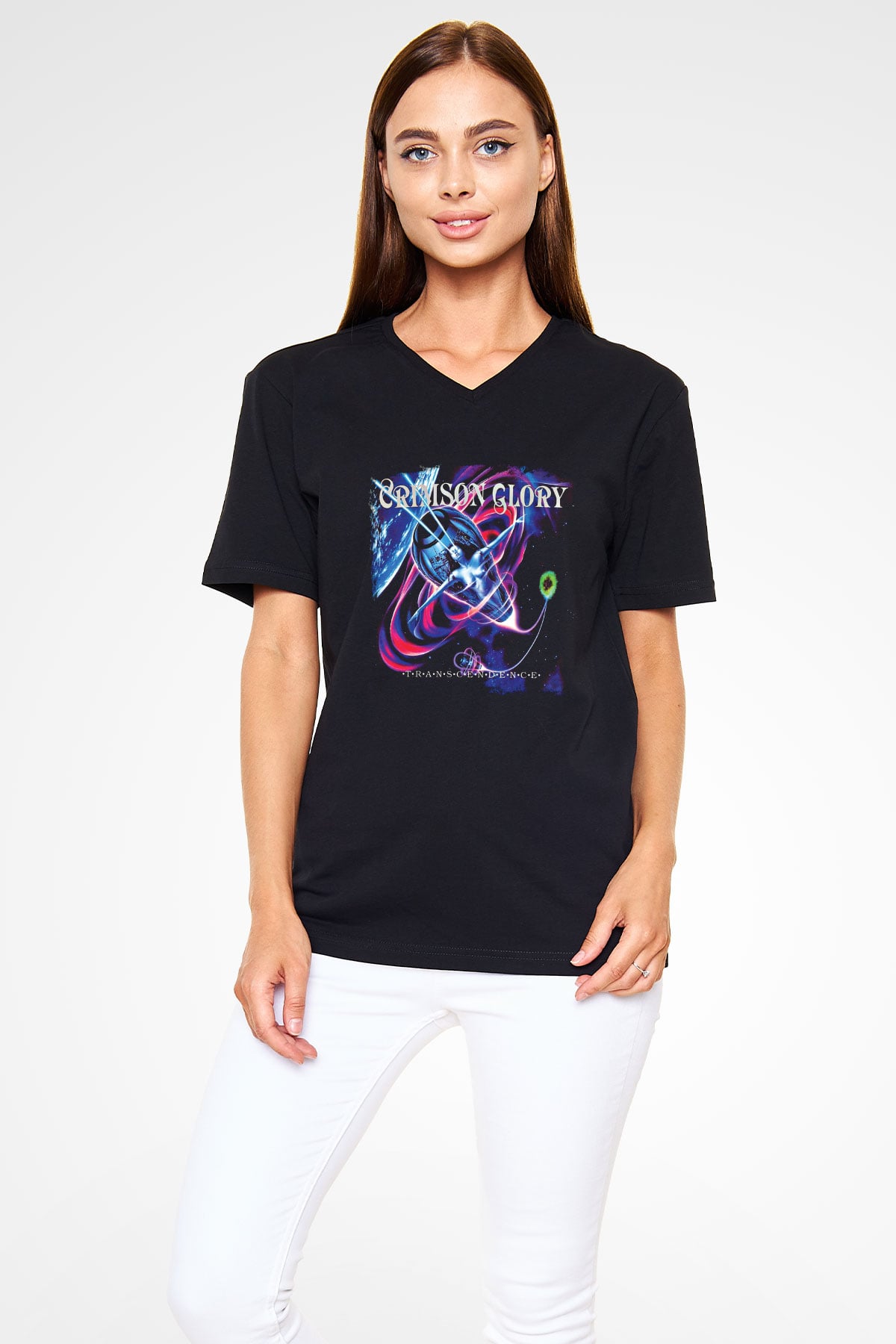 Crimson Glory Baskılı Unisex Siyah V Yaka Tişört