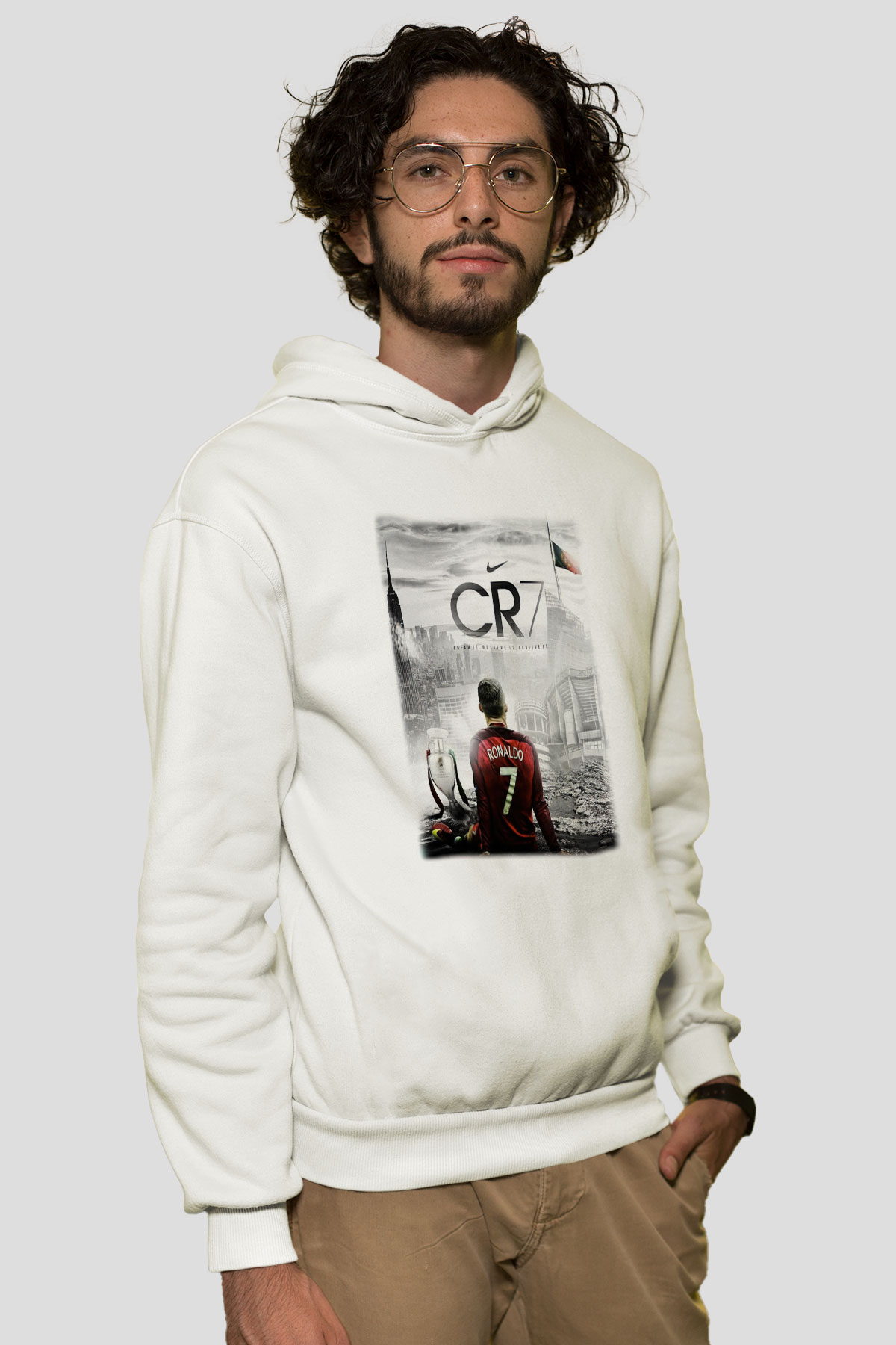 Cristiano Ronaldo Beyaz Unisex Kapşonlu Sweatshirt